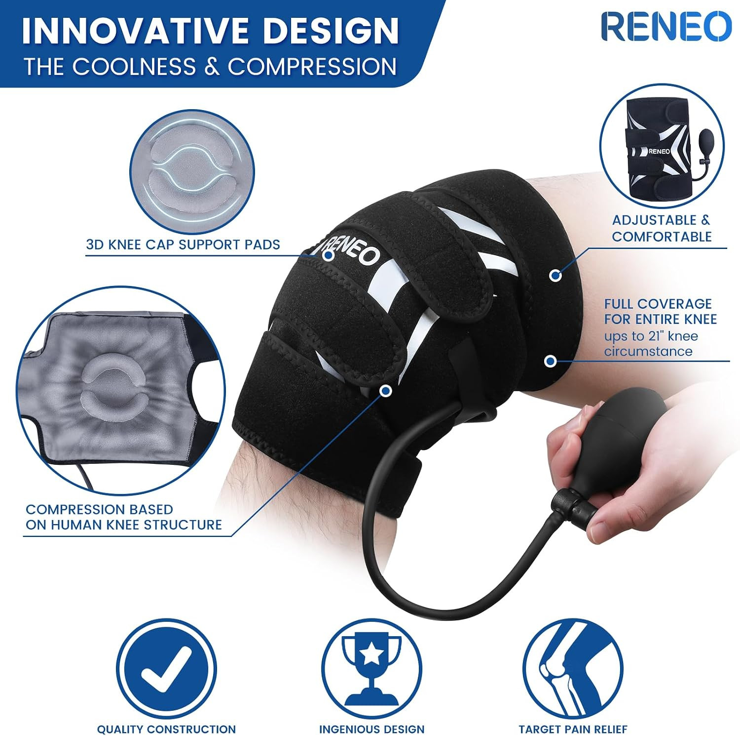 Compression Knee Ice Pack Wrap with Air Pump | Adjustable Knee Brace with Cold P