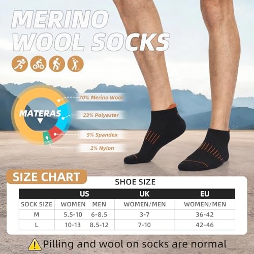 Merino Wool Ankle Hiking Running Socks for Men Women Breathable Large Black