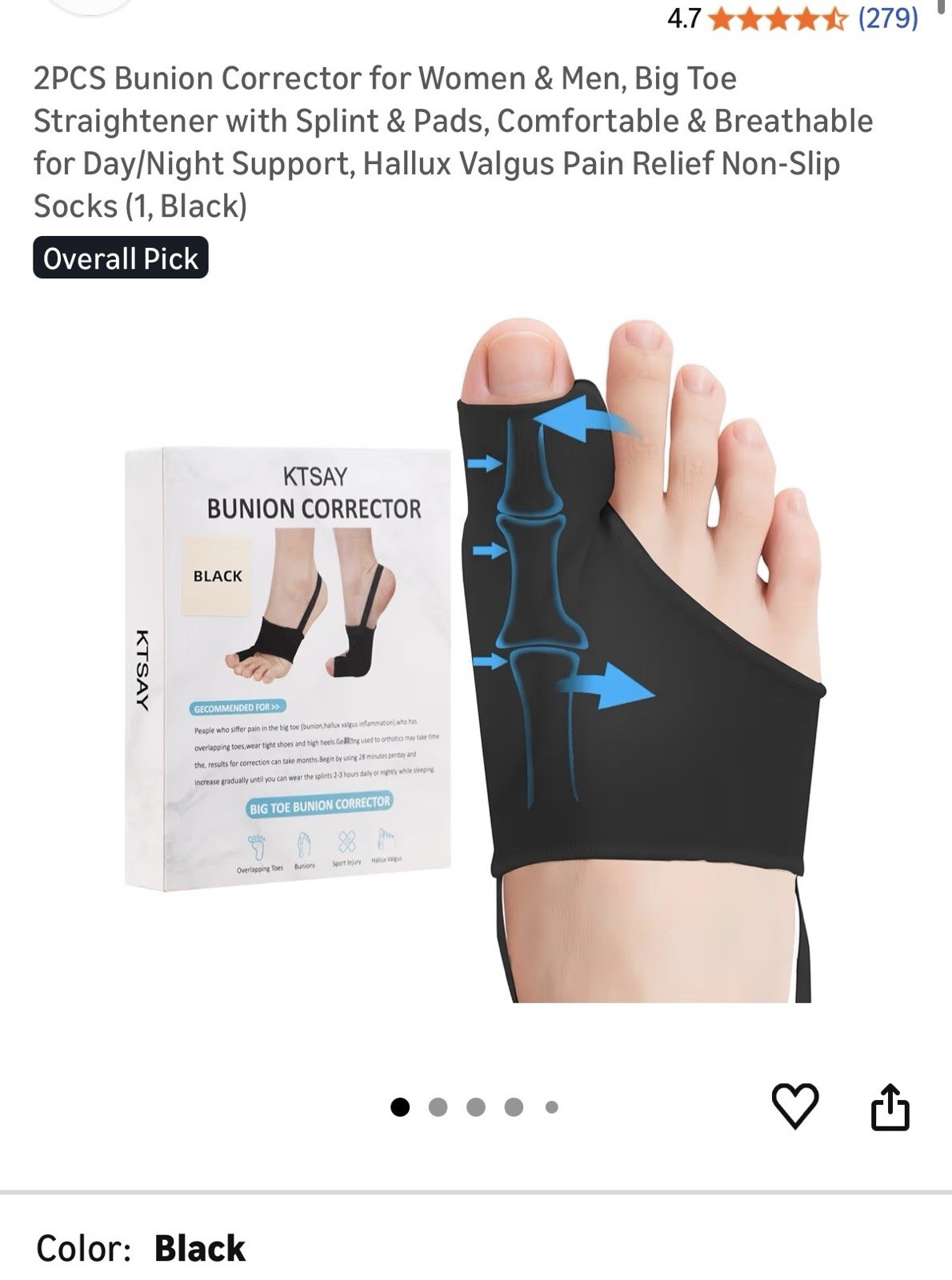 KTSAY Bunion Corrector 2PCS Non-Slip Adjustable Toe Straightener Black