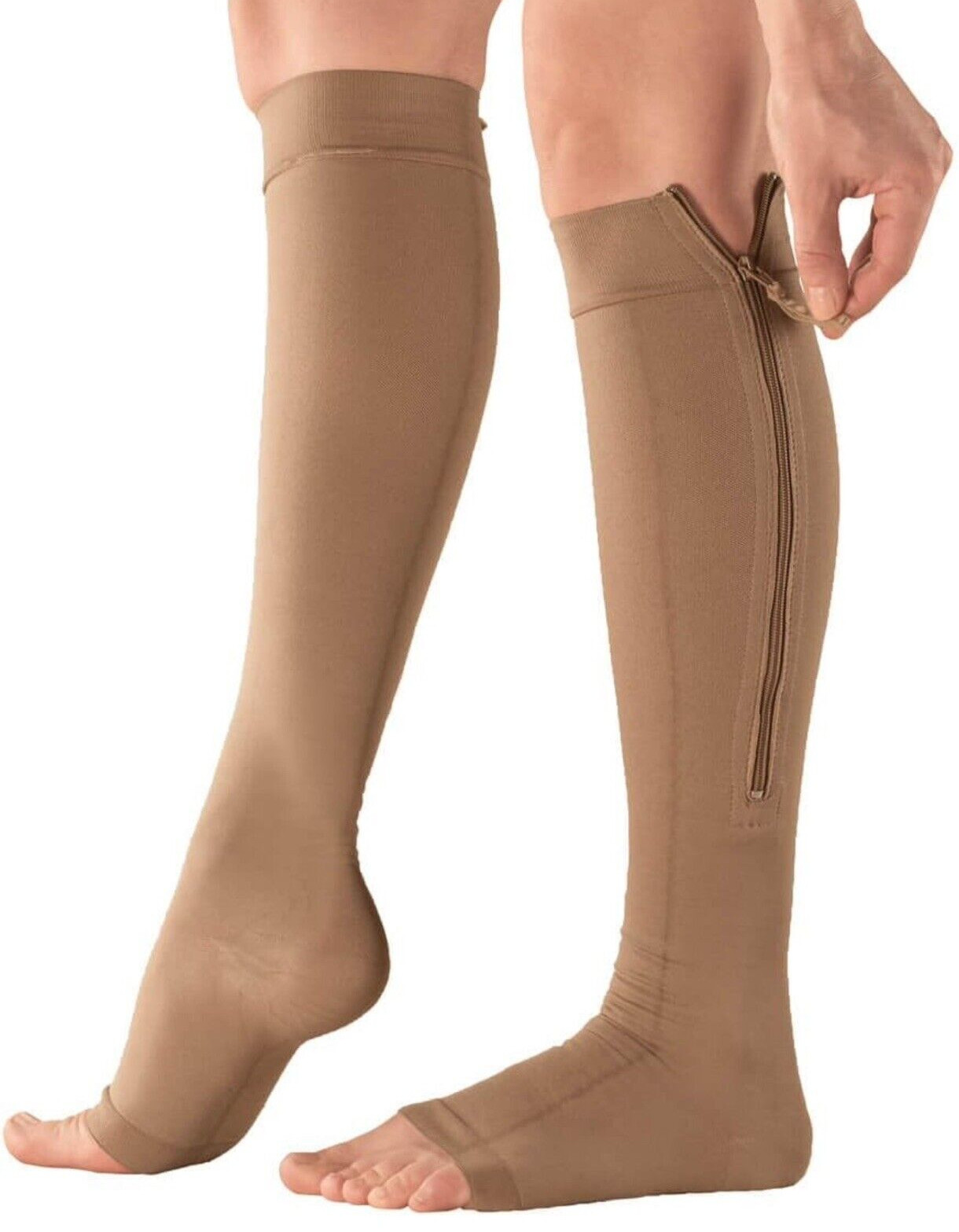 Healthy Steps EZ Zip Open Toe Compression Socks 20–30 mmHg Beige M
