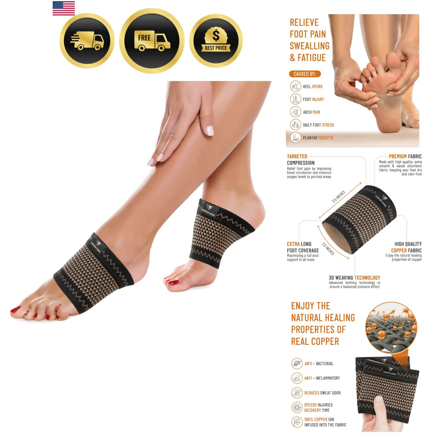 Copper Arch Support for Plantar Fasciitis. 2 Half Socks/Sleeve Compression Br…