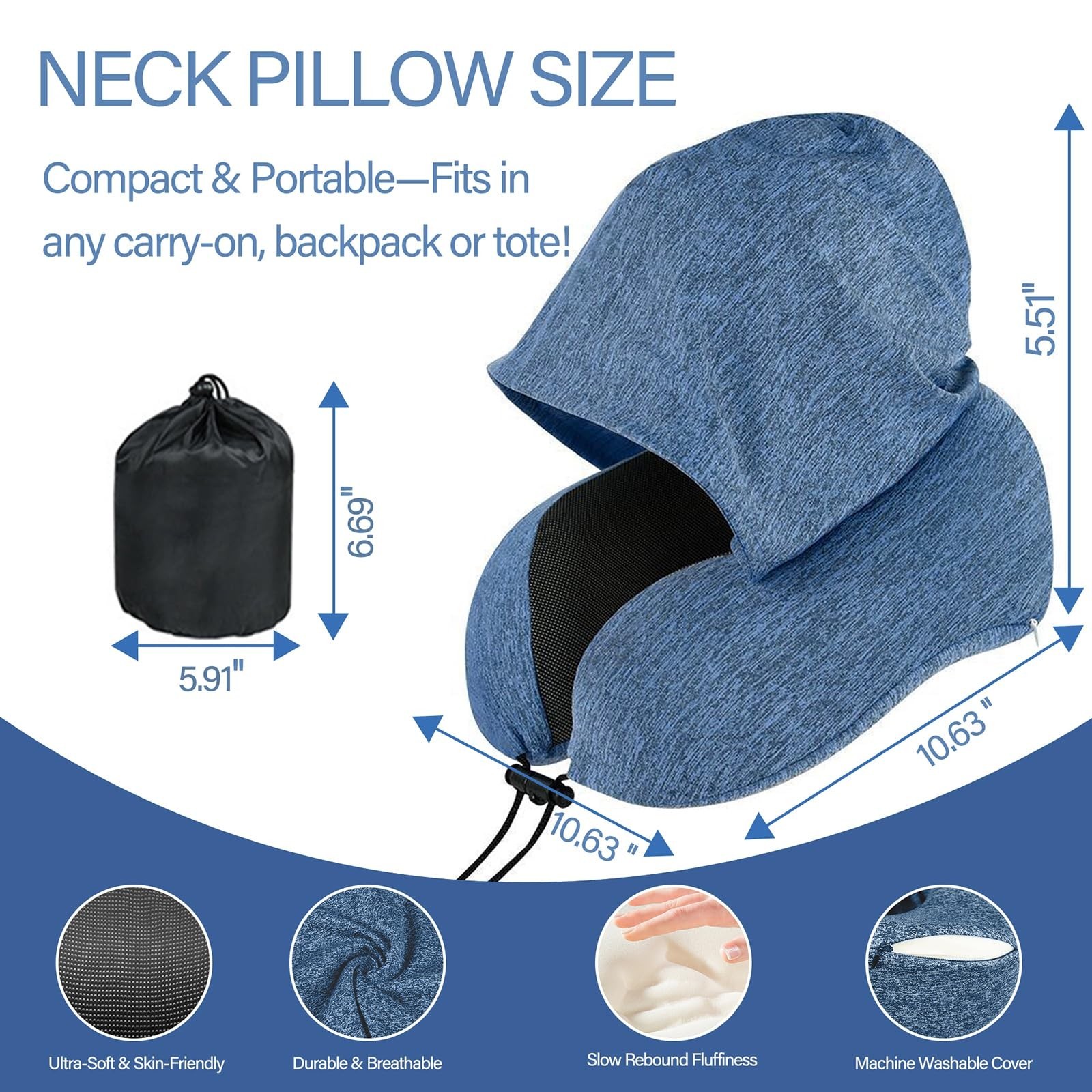 Travel Neck Pillow with Hood Memory Foam Sleeping Airplane Pillows Long Fligh…