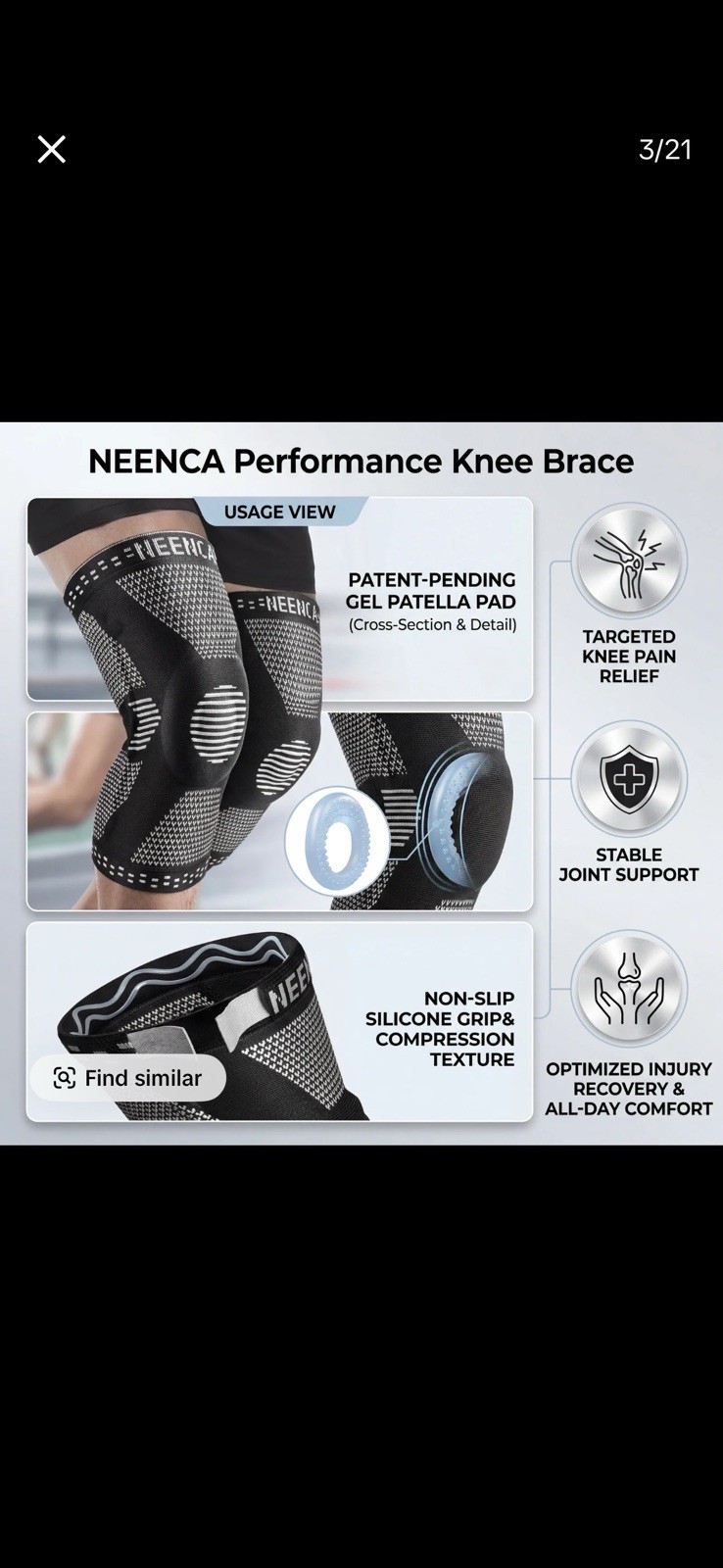 NEENCA Performance Knee Brace Sleeve w/ Gel Pad, Non-Slip, Black, Single