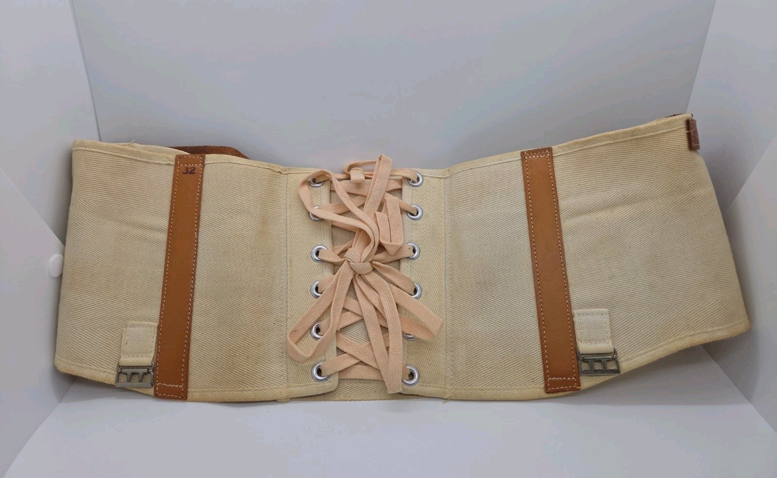 VTG Mid-Century Orthopedic Canvas & Leather Back Brace Lumbar Support 32″ 40-60S