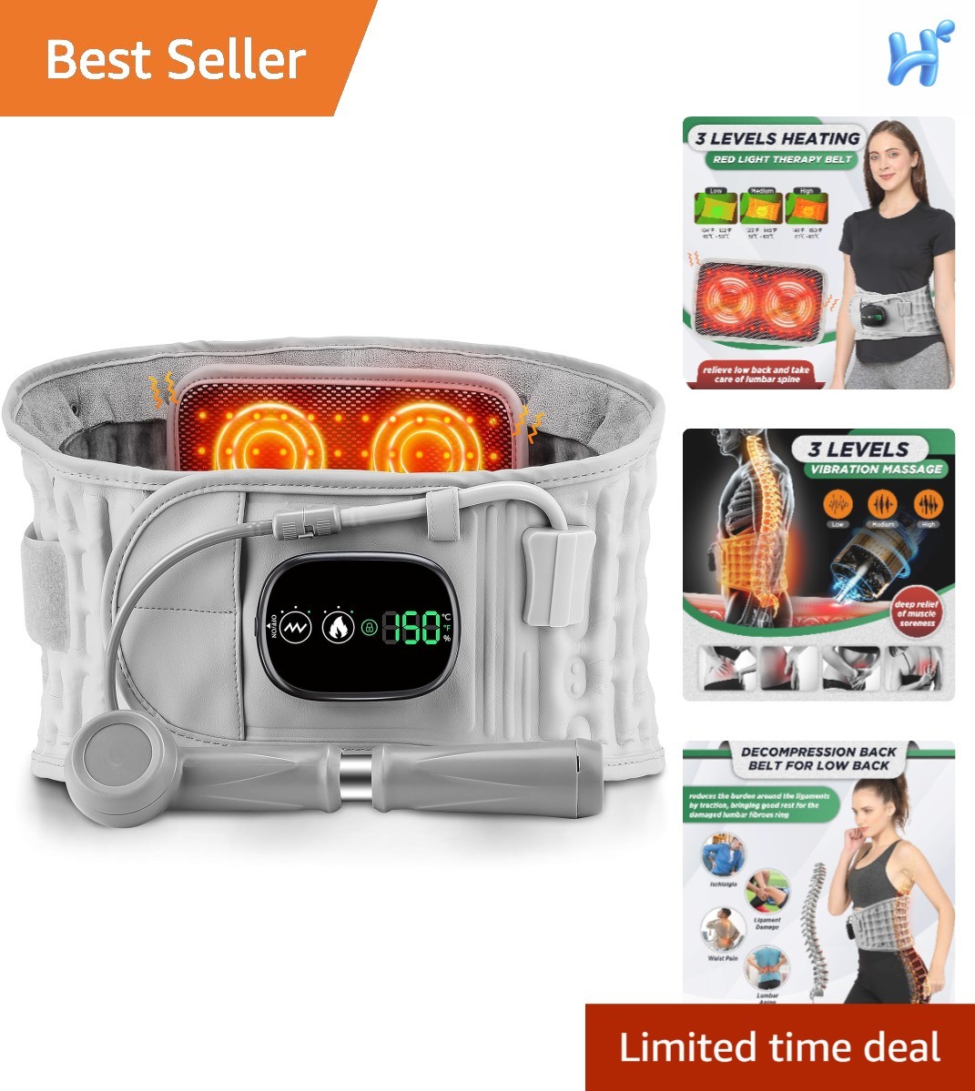 Inflatable Lumbar Decompression Back Belt – Red Light Heating & Massage Brace