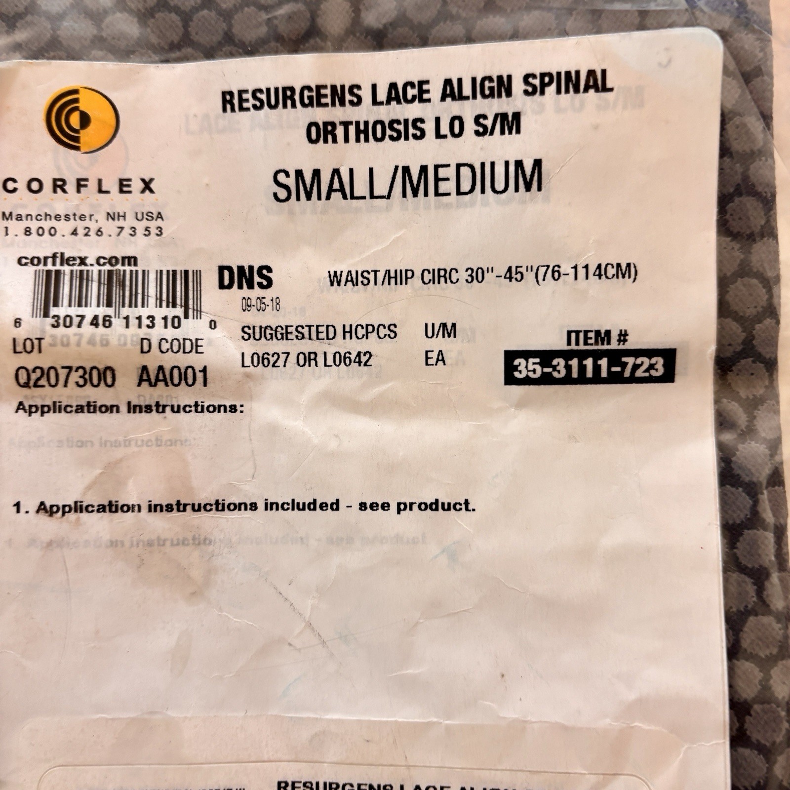 Corflex Lace Align Spinal Orthosis LO Small/Medium Item #35-3111-723 New Sealed