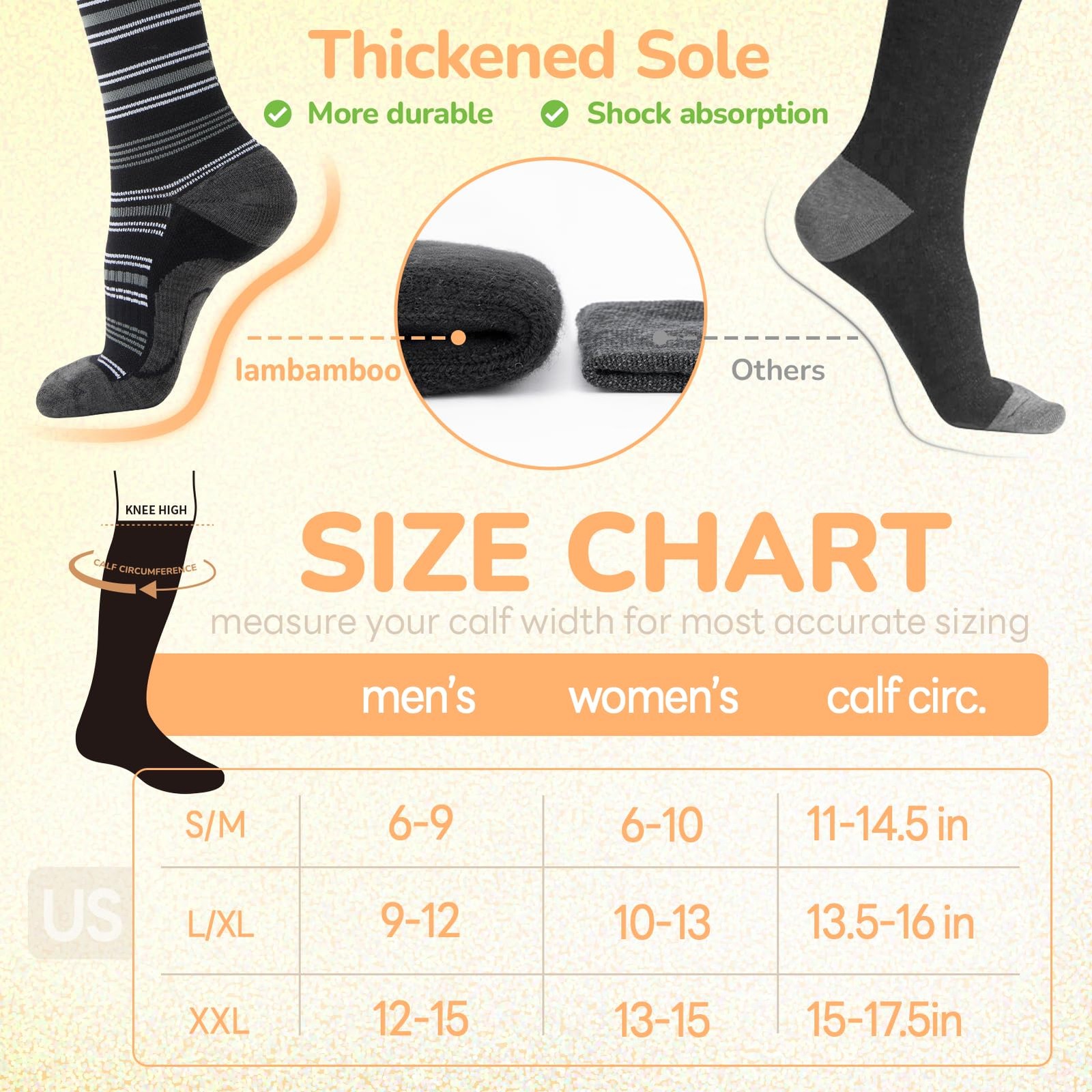 Merino Wool Compression Socks 15~20 mmHg for Women & Men, L/XL Black/White/Gray