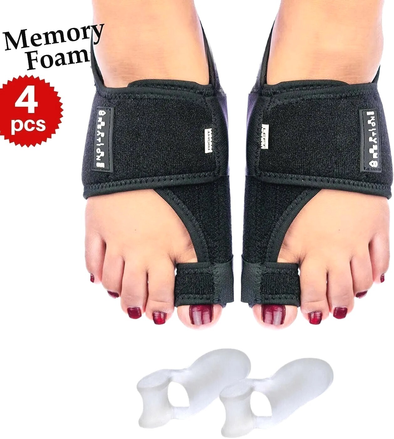 Bunion Corrector Splint w/ Memory Foam + Silicone Big Toe Separators (4 Piece)