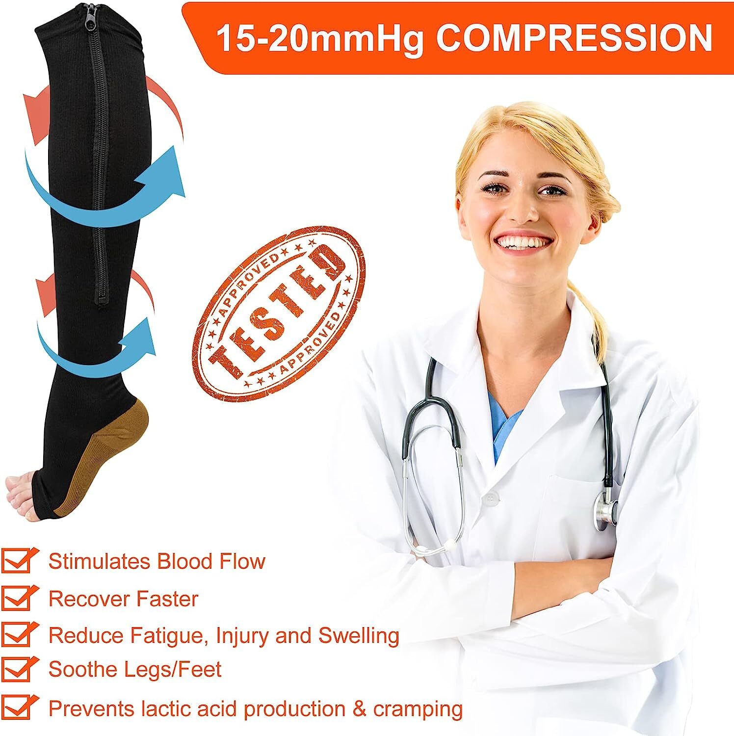 Copper Zipper Compression Socks Support Knee High Stocking Men Women 20-30mmHg
