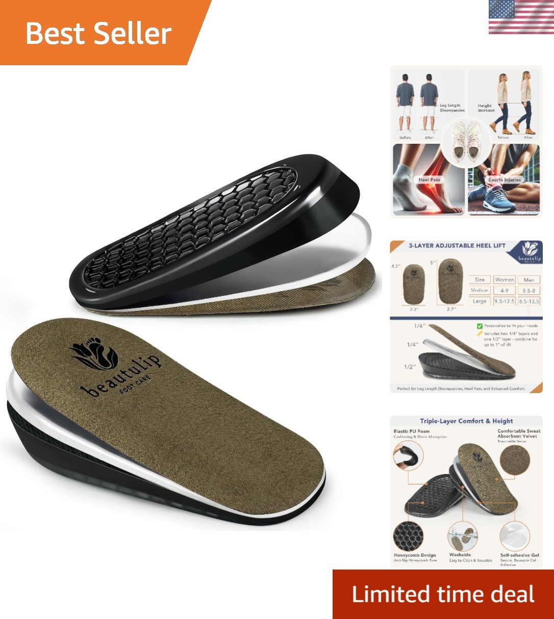 Adjustable Gel Heel Lifts (1 Pair), 1″ Height Increase Insoles with High-Density