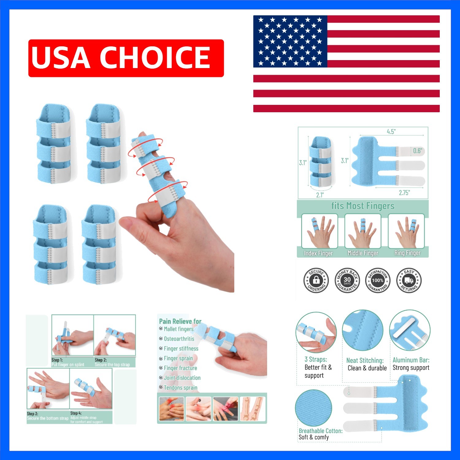 Finger Splint, 4 Pack, Light Blue, Finger Brace for Arthritis, Injury & Sprai…