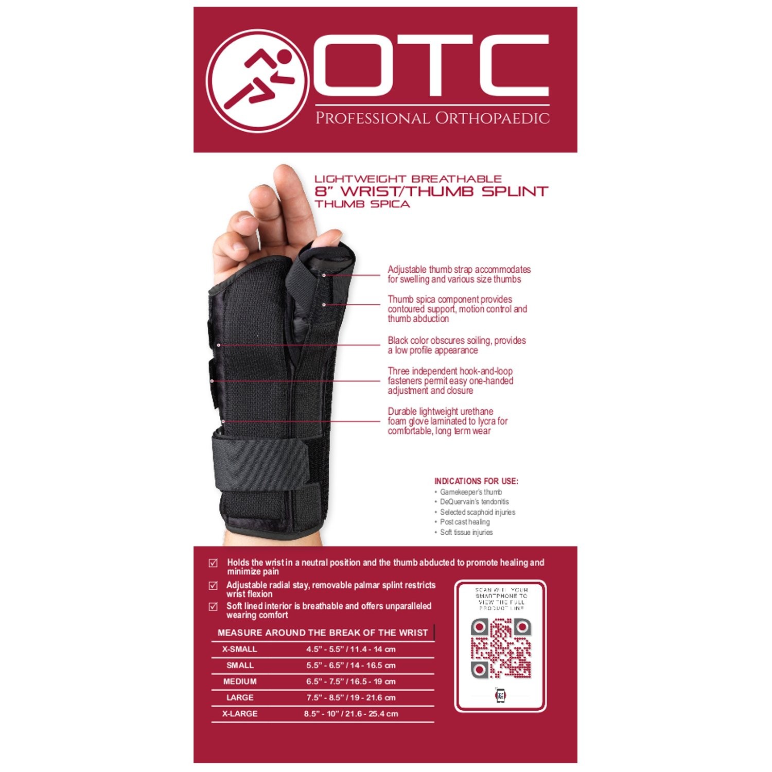 OTC Lightweight Breathable 8 inch Wrist/Thumb Splint/Spica Left X-Small