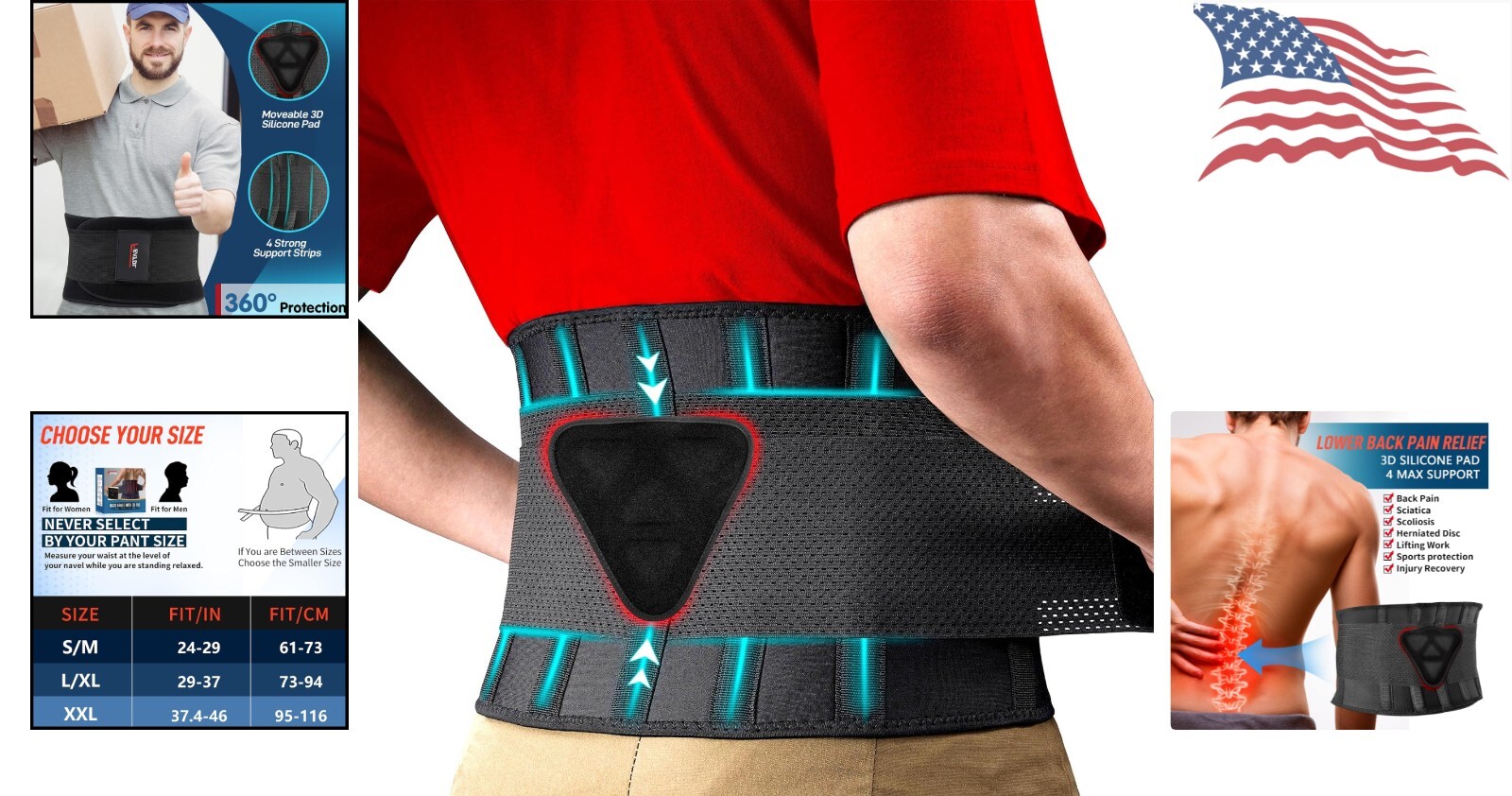 Powerful Multi-Purpose Back Brace – 3D Lumbar Pad – Waist Size: 24”-29”