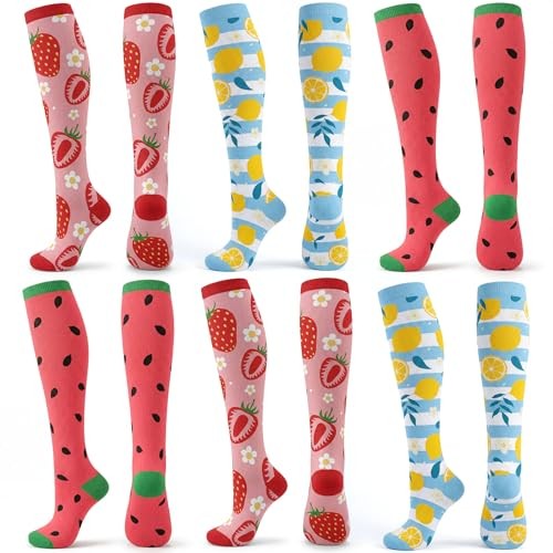 6 Pairs Funny Socks for Women and Men, Knee High over The Calf Athletic Fruits