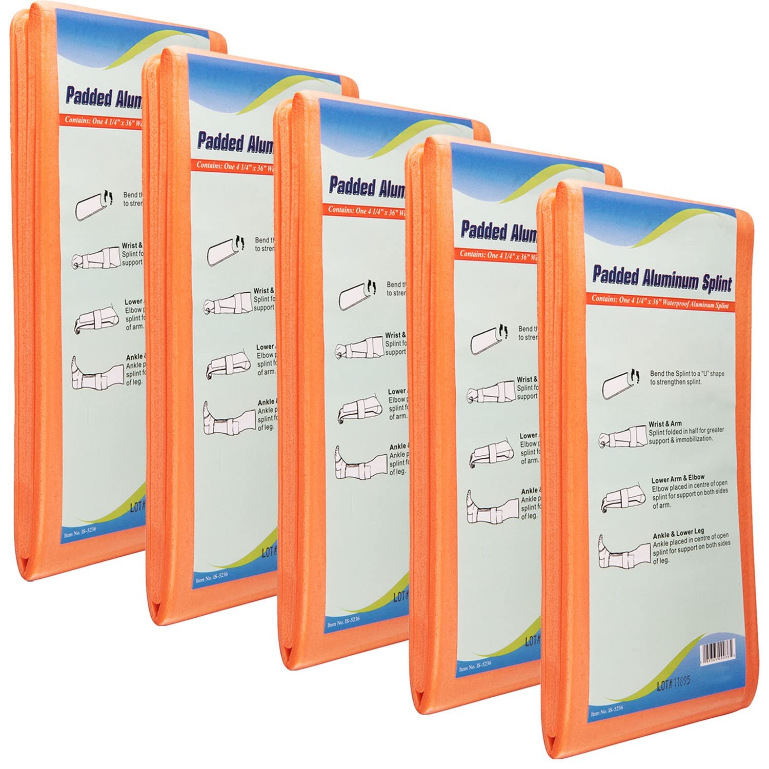 Pack of 5 First Aid Padded Universal Aluminum Splints – 36 inch, Brace for Sp…