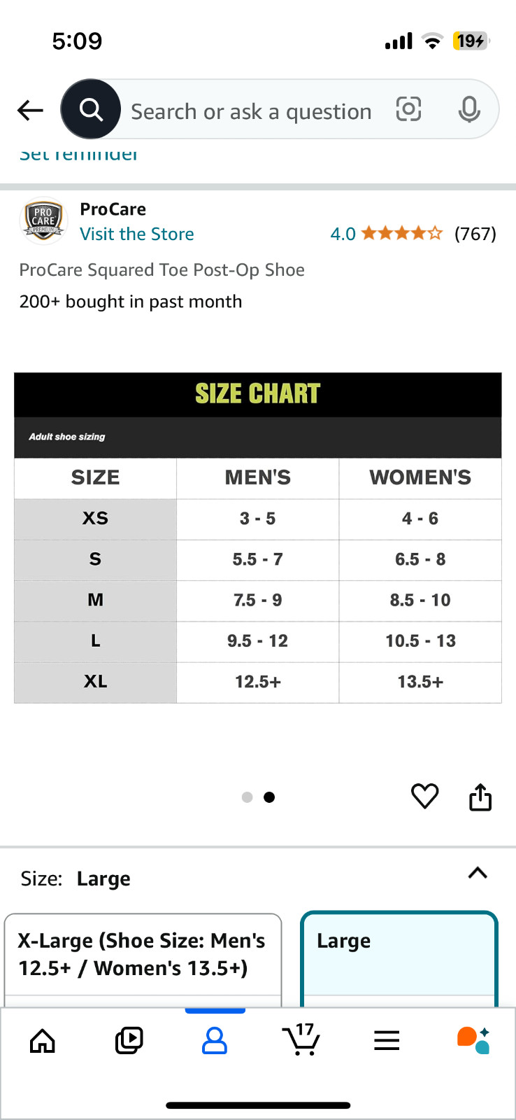 ProCare Squared Toe Post-Op Shoe Size: Large ( Wear on the left or right )