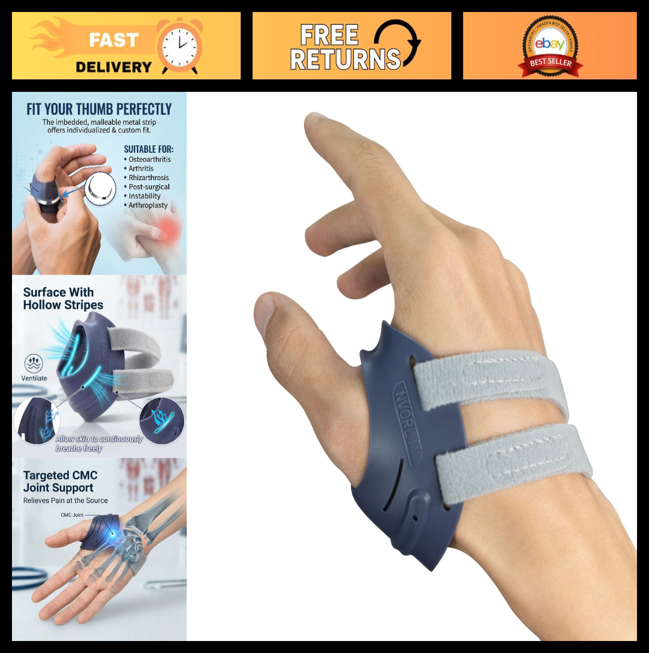 Thumb Arthritis Brace for CMC Joint Pain Relief, Stabilizing Support for Tendoni