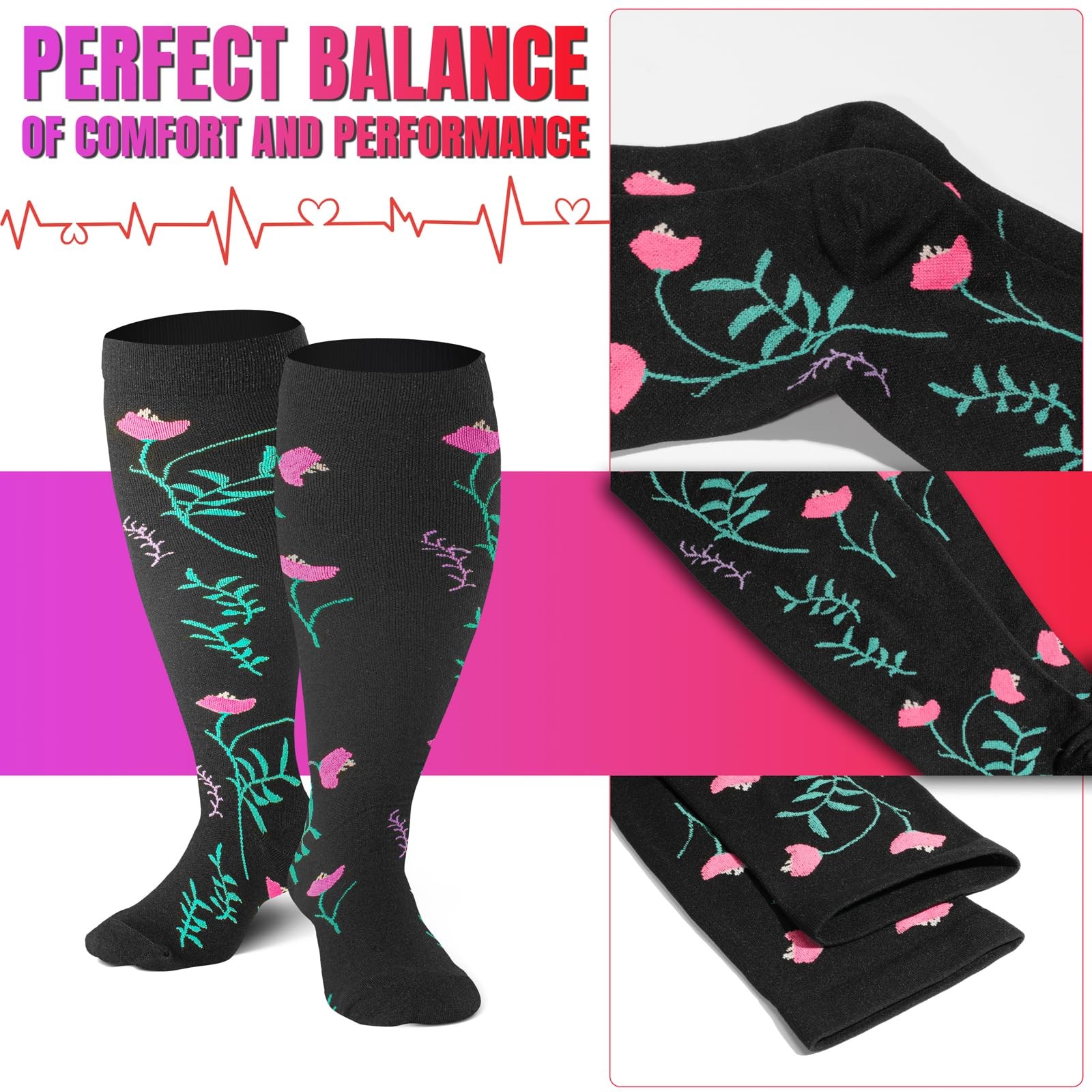 4 Pairs Plus Size Compression Socks Extra Wide Calf Women&Men 20-30mmHg Suppo…