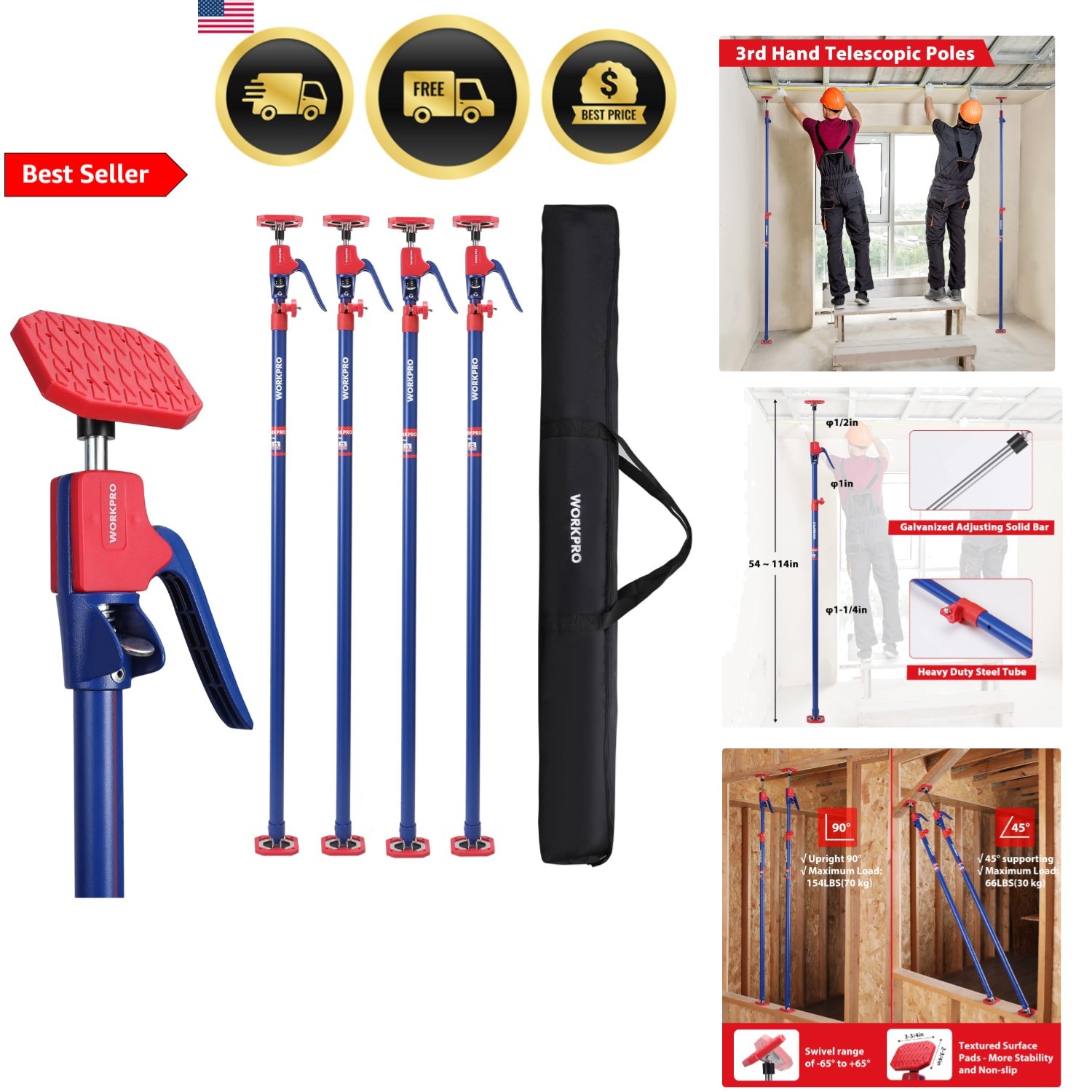 Support Pole Telescopic Adjustable Support Rod Cabinet Drywall Cargo 4 Pack