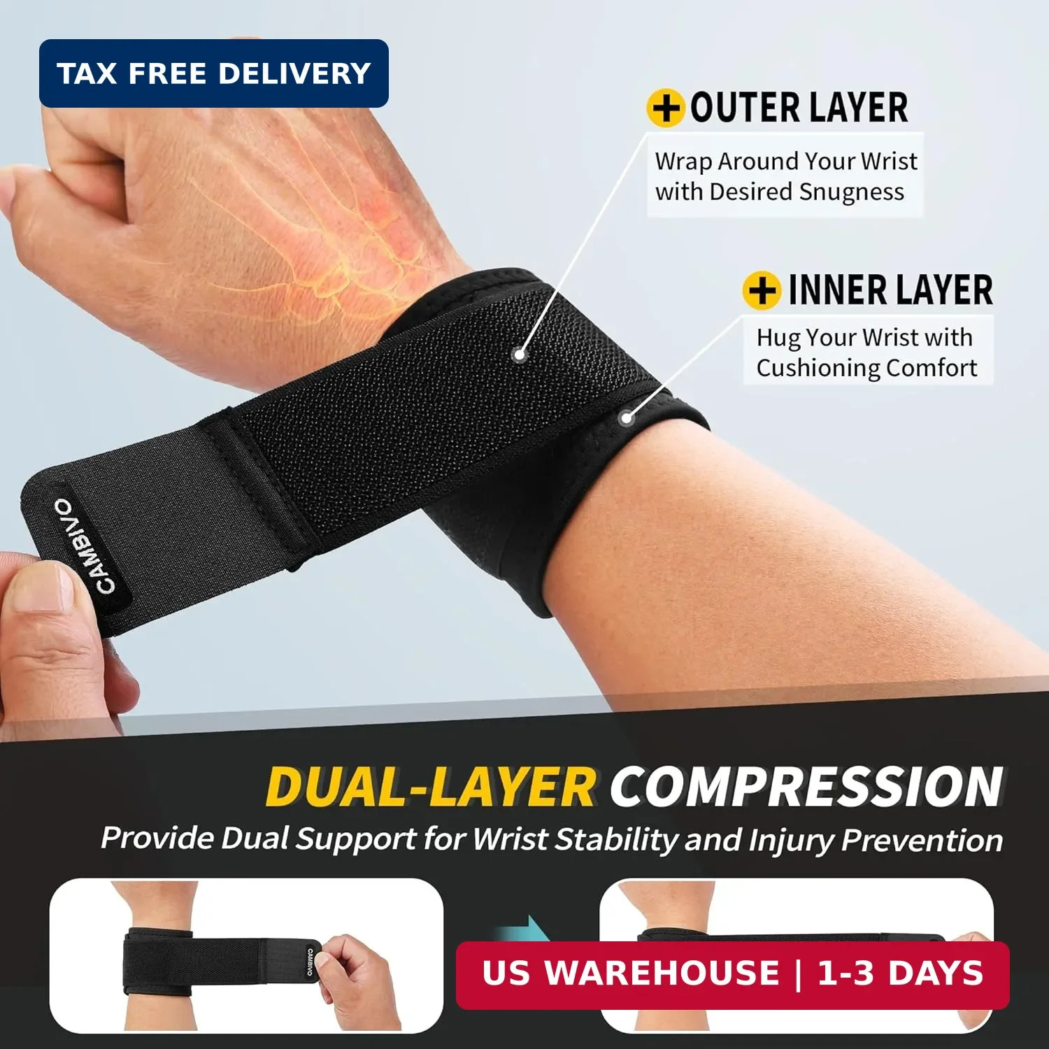 CAMBIVO Wrist Brace 2 Pack, Adjustable Compression Wrist Support for Carpal Tunn