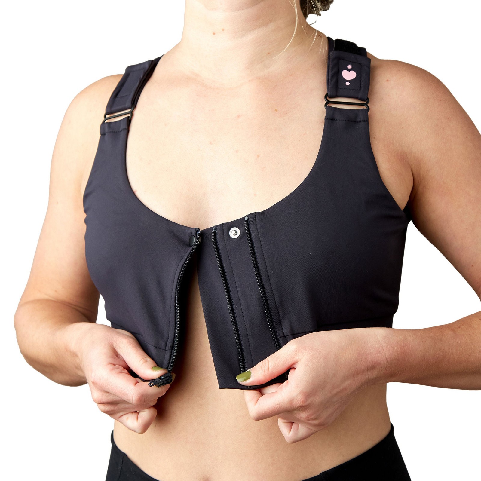 heart&core Shirl Bra Post-Surgery Racerback Bra Double Zipper Front Black Medium