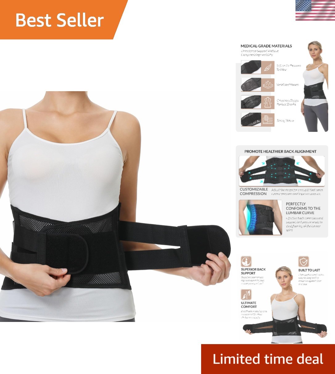 Unisex Adjustable Lumbar Brace – Black Back Support Belt for Pain Relief, Size L