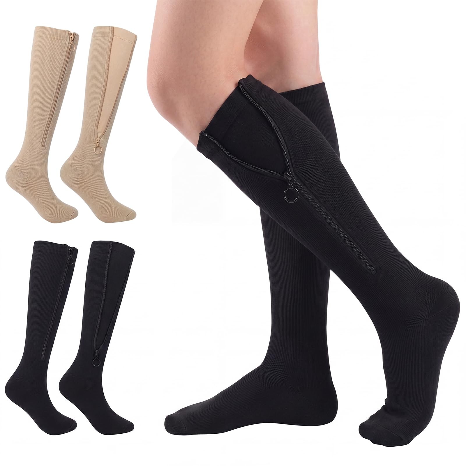 2 Pairs Medical Zipper Compression Socks for Women Men 20-30 Mmhg(Black+nude,…