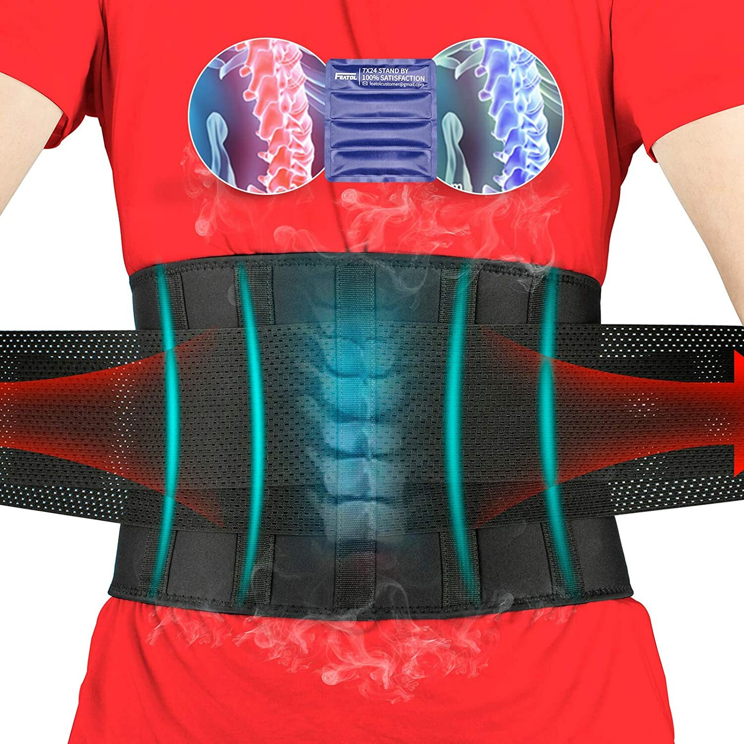 Hot/Cold Gel Pack Back Brace, Lumbar Support Back Pain Relief, Herniated Disc XL