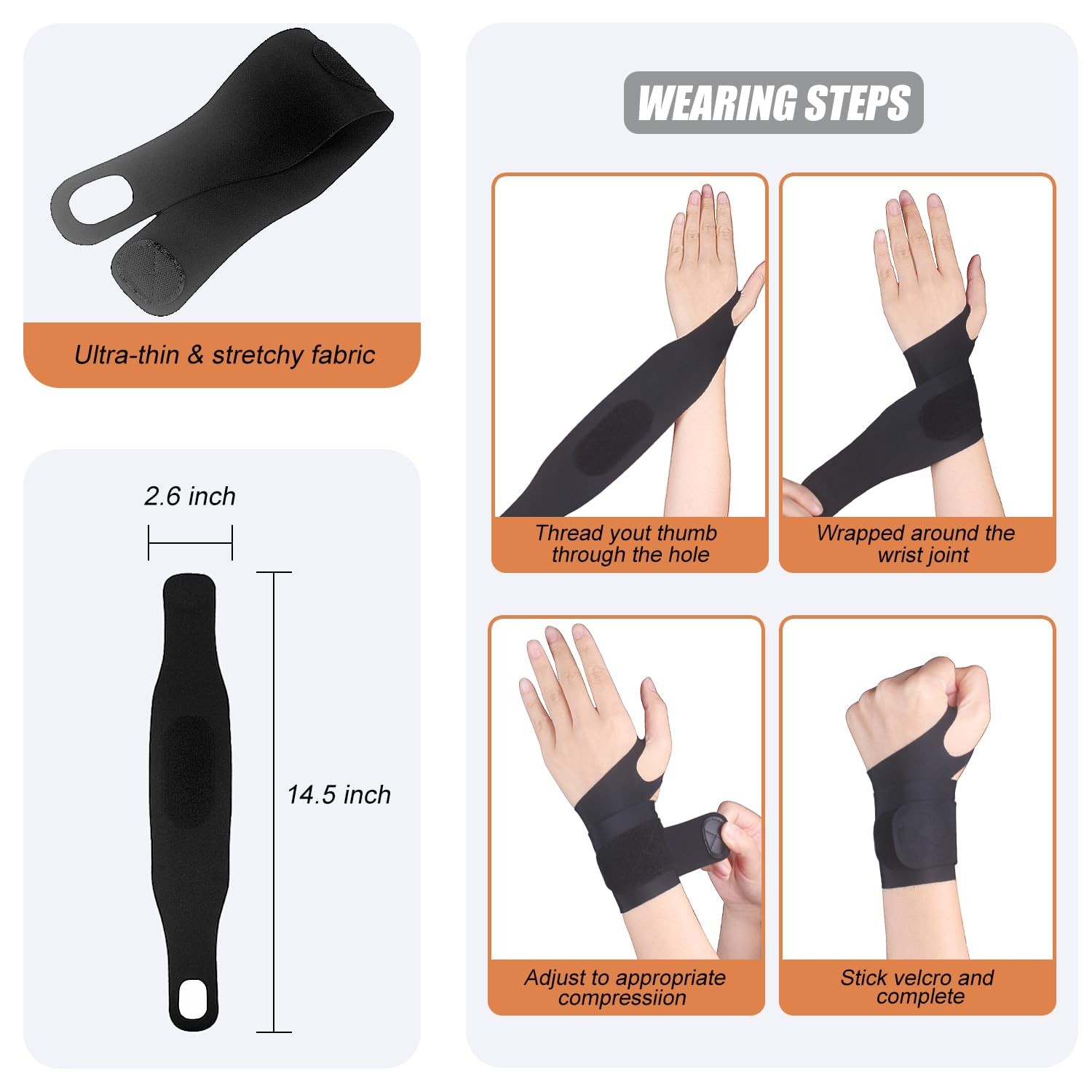 2 Pcs Ultra-Thin Wrist Brace Support for Carpal Tunnel, One Size, All Black