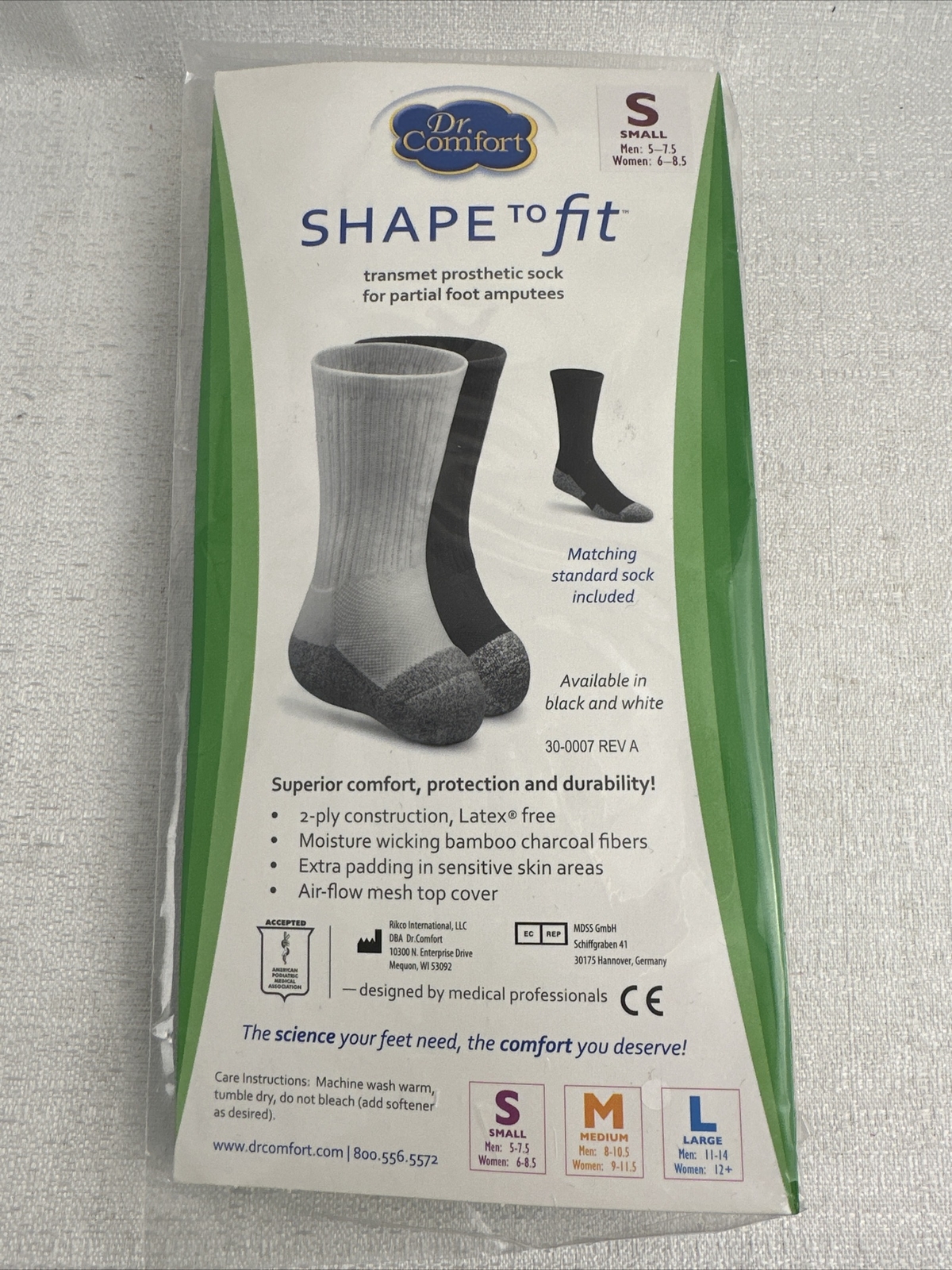 Dr Comfort Shape to Fit Transmet Prosthetic Sock+ MATCHING CREW SZ S NEW