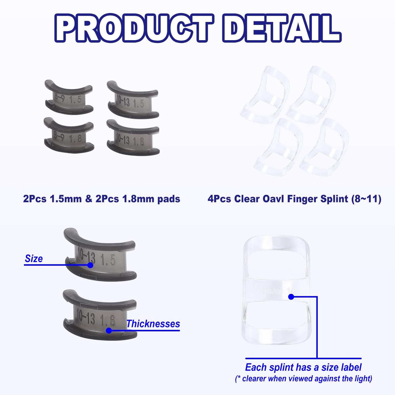 RonJea 8Pcs Clear Oval Finger Splints & Click-Lock Size 8-11,