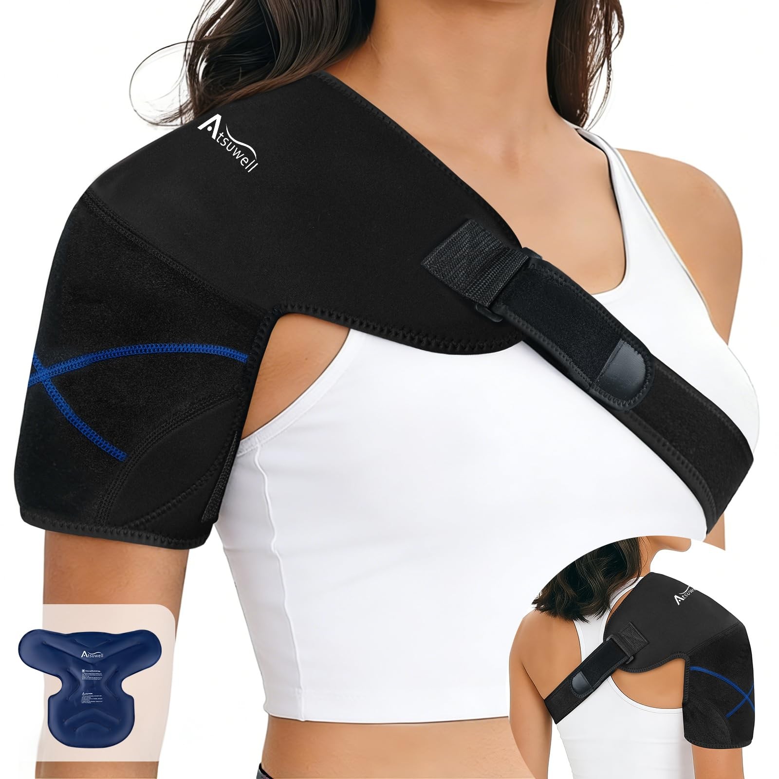 Atsuwell Shoulder Ice Pack Wrap, Supportive Brace Standard, Black