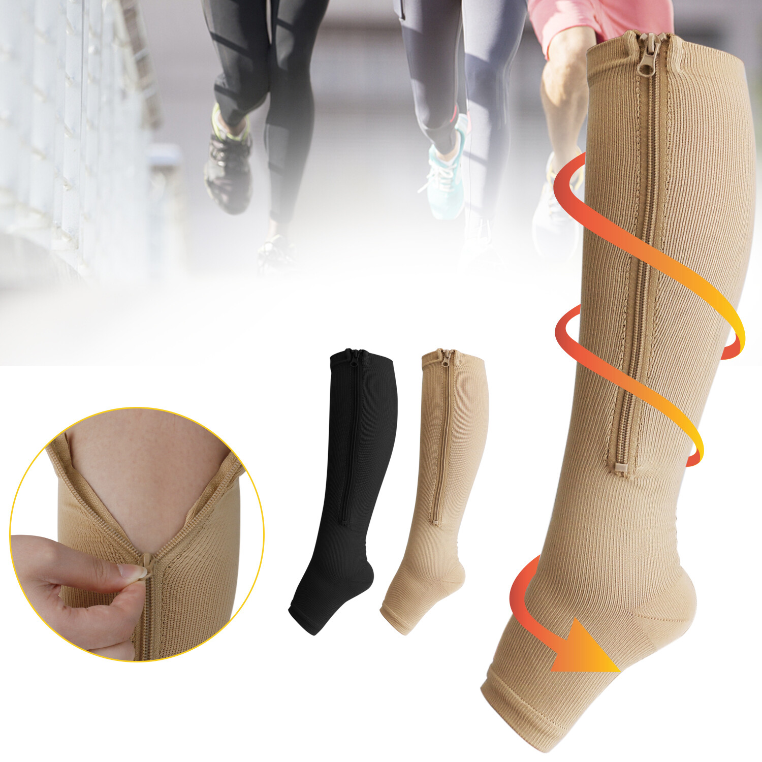 Men Women Compression Socks Open Toe Zipper Leg Calf Ankle Support Pain Relief