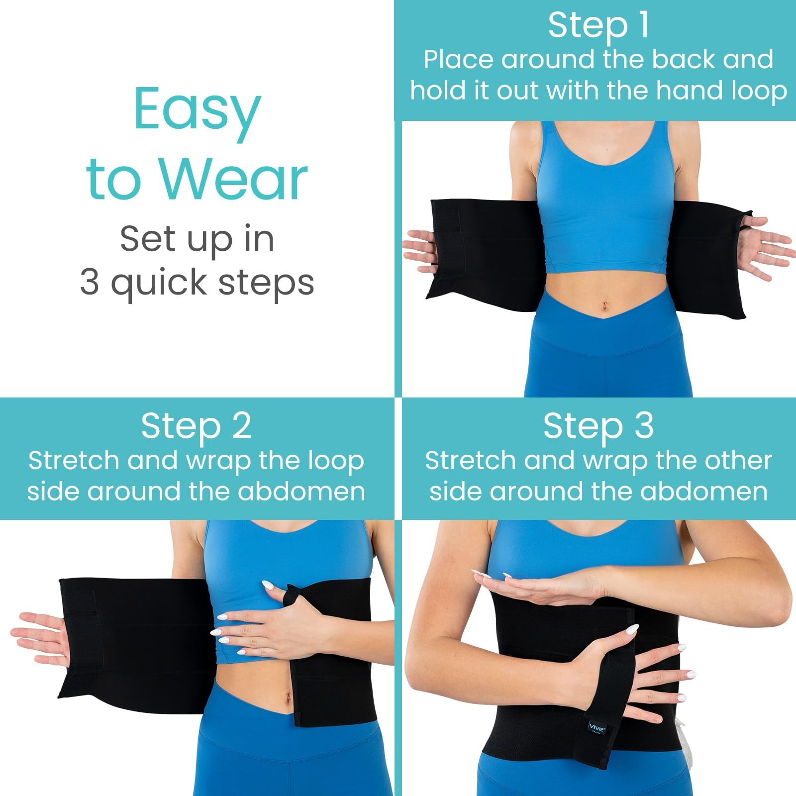 Vive Abdominal Binder Post Surgery (4 58” – 70” Abdomen Circumference, Black