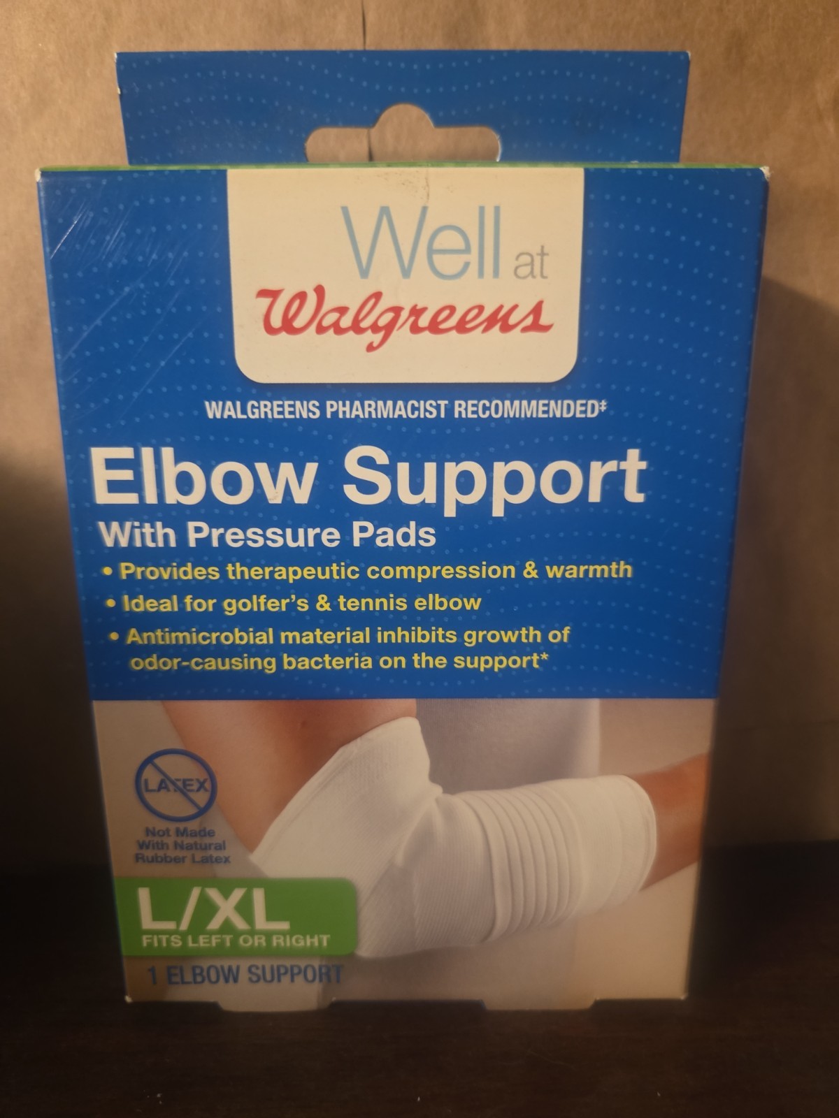 Health Walgreens Elbow Support w/Pressure Pads L/XL Latex-Free Antimicrobial L/R