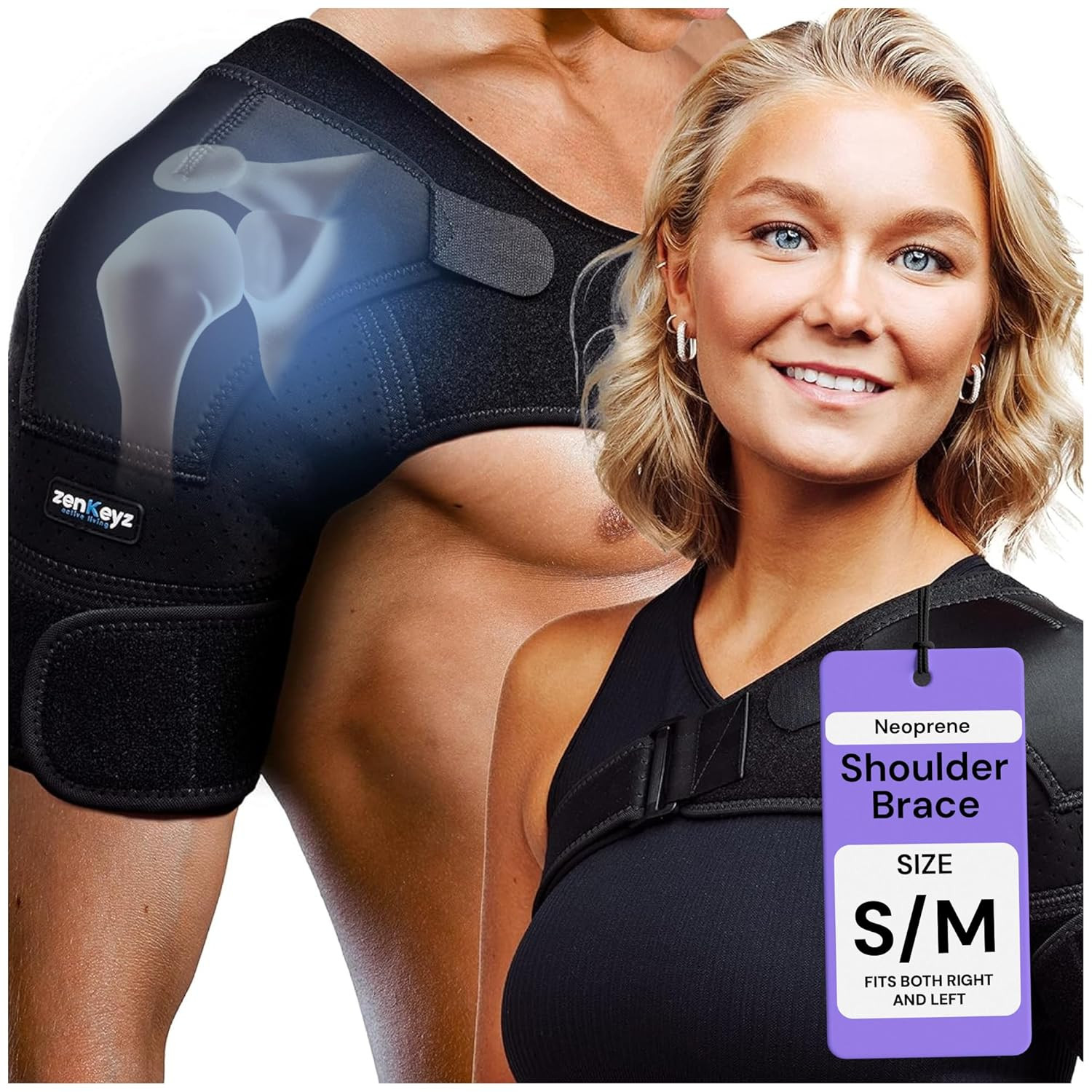 Shoulder Brace for Torn Rotator Cuff – Women & Men – Black, S/M – Neoprene Compr