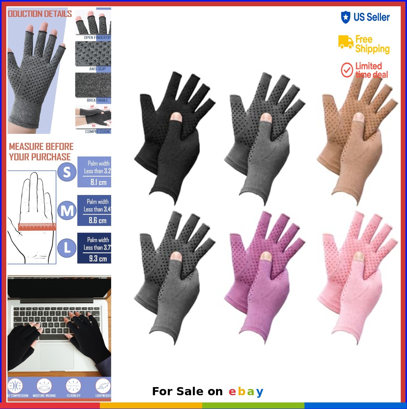 Arthritis Compression Gloves 6 Pairs Fingerless Cotton Spandex for Men Women