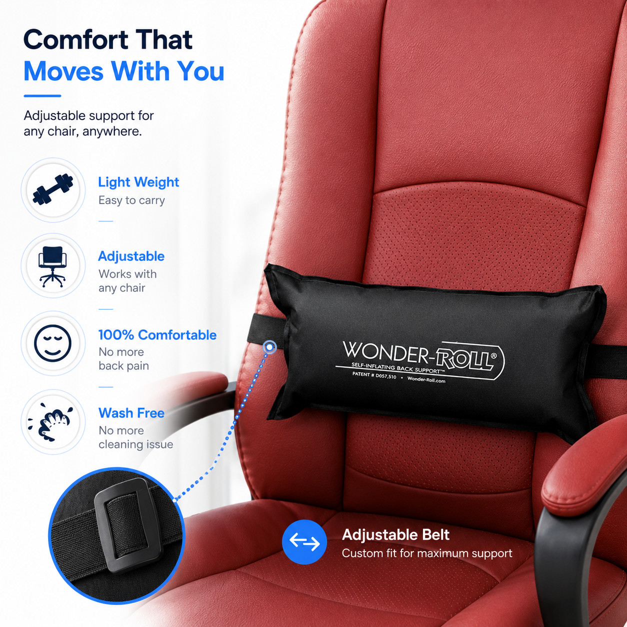 Wonder Roll Inflatable Lumbar Support Pillow–Self Inflating Medical Back Support