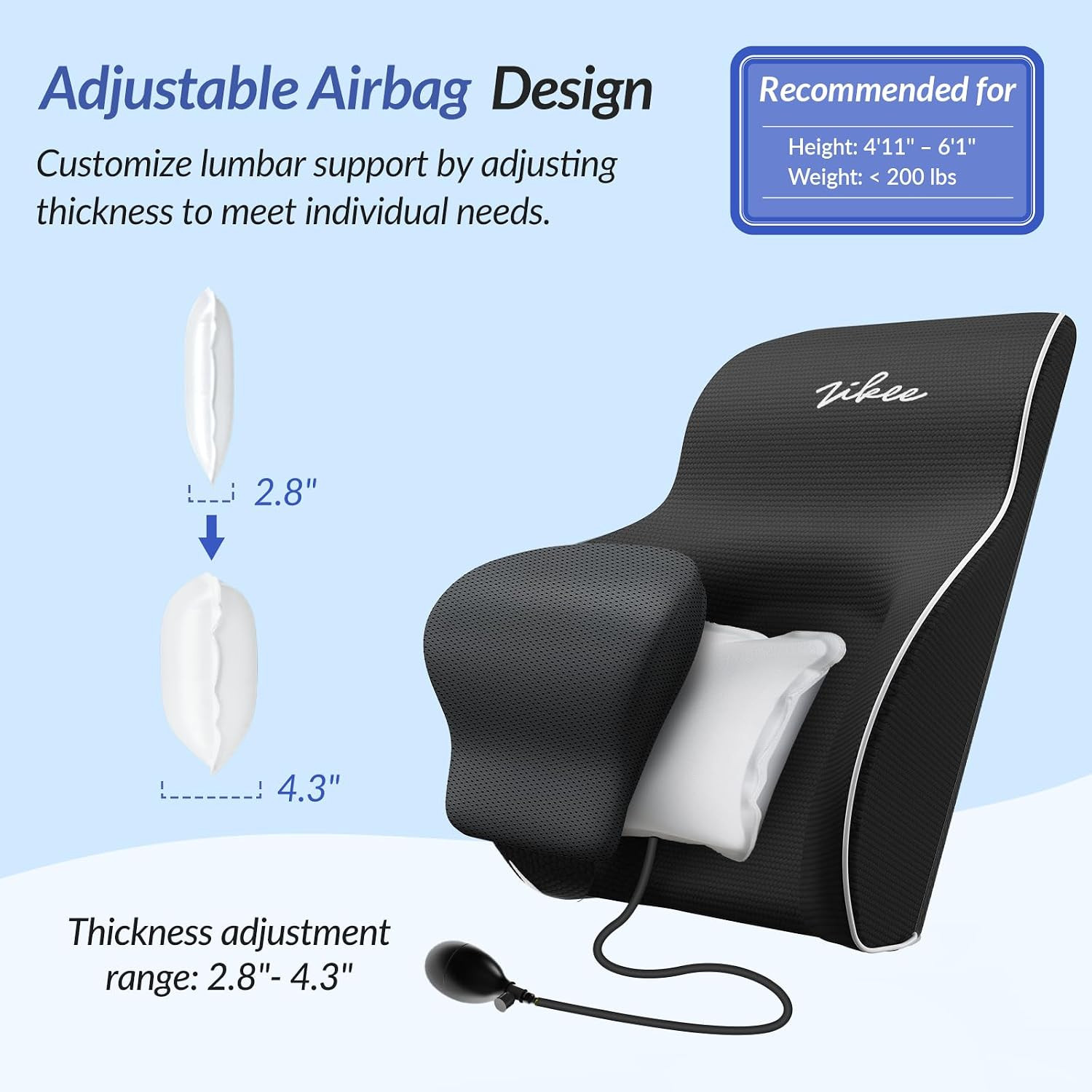 ZIKEE Memory Foam Lumbar Support Pillow Adjustable Airbag Car Truck Office Seat
