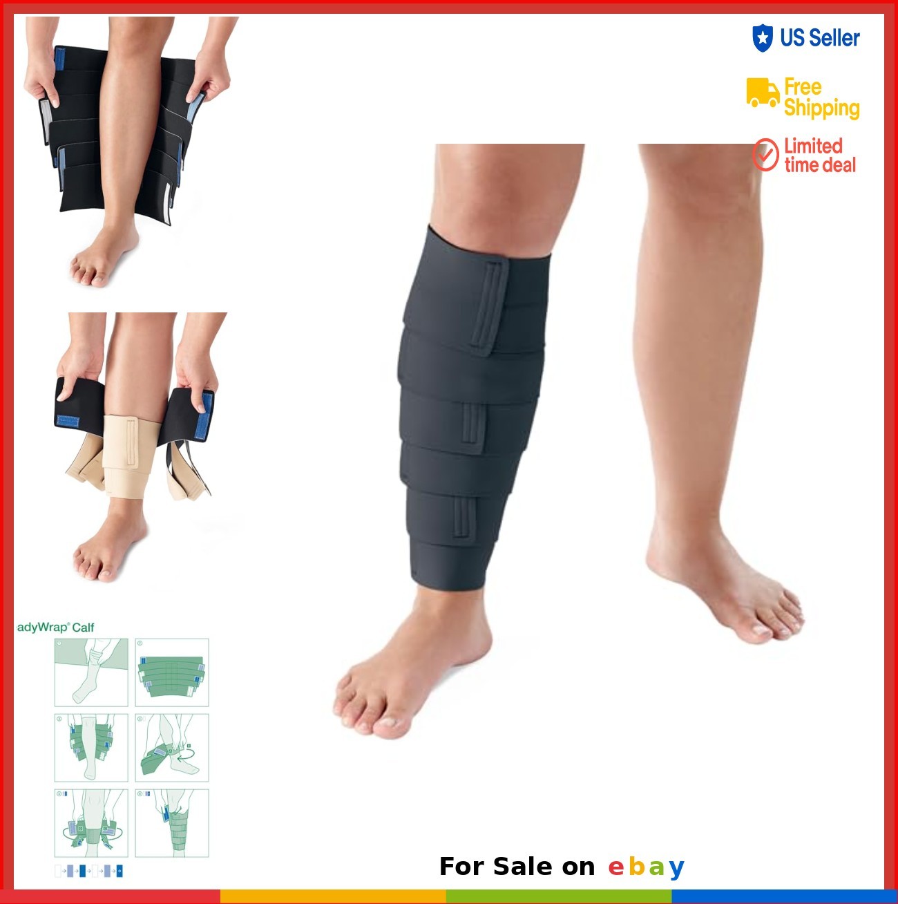 Calf Compression Sleeve Adjustable Breathable Large 35cm Black Hook & Loop