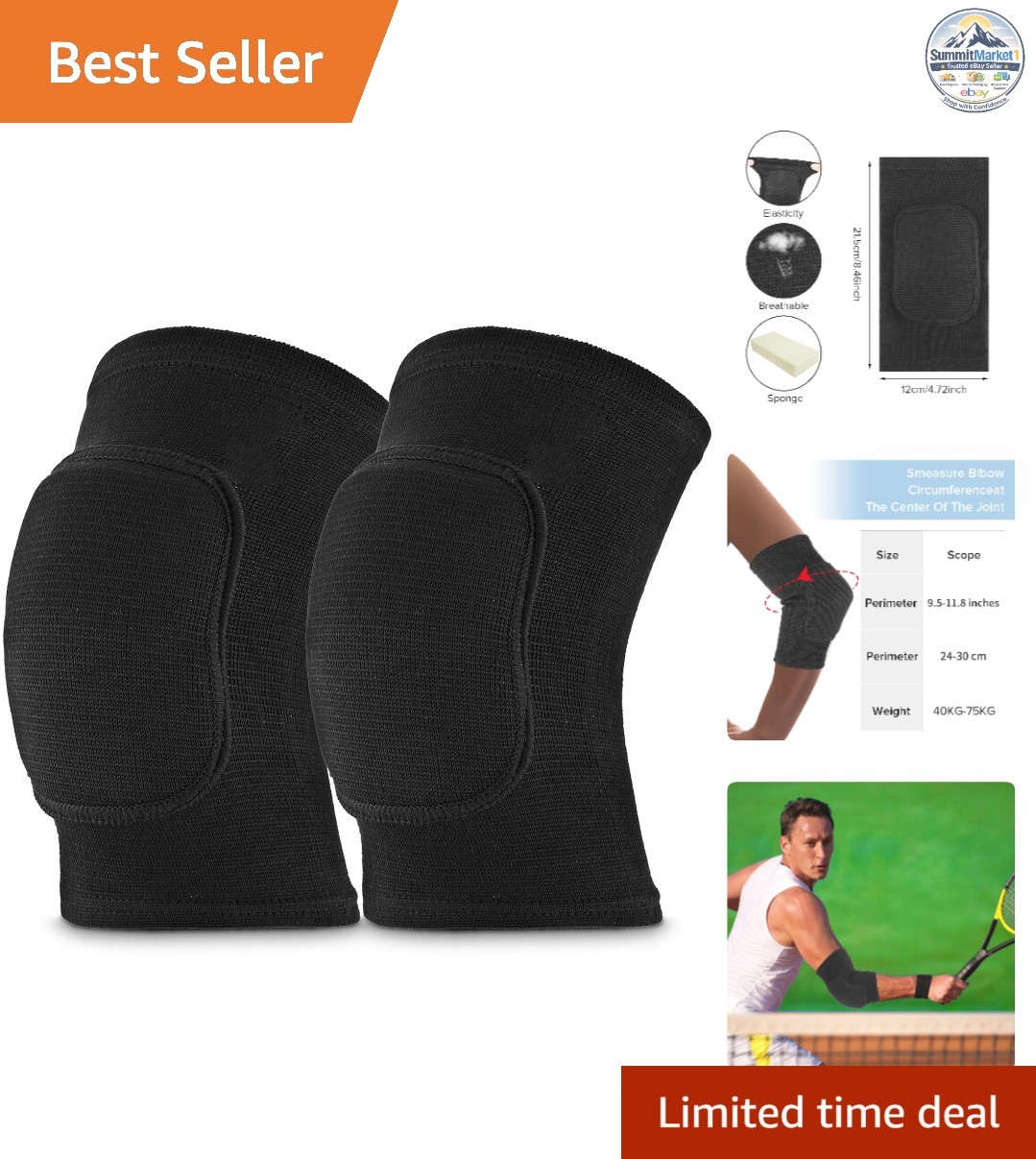 Elbow Brace Pads Pair One Size Breathable Anti-Collision Sponge Black