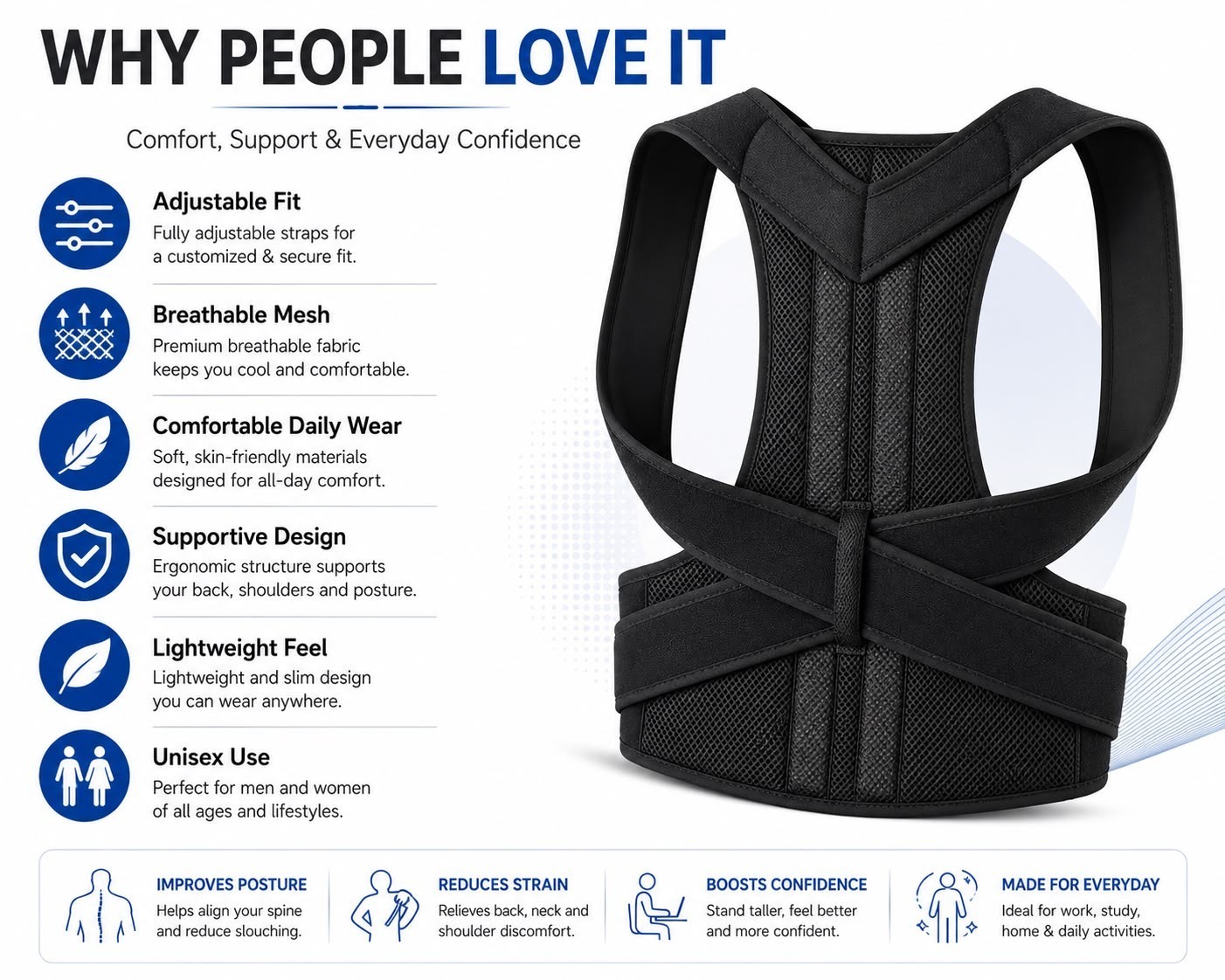Adjustable Upper Back Posture Corrector Brace Support Belt for Men Women
