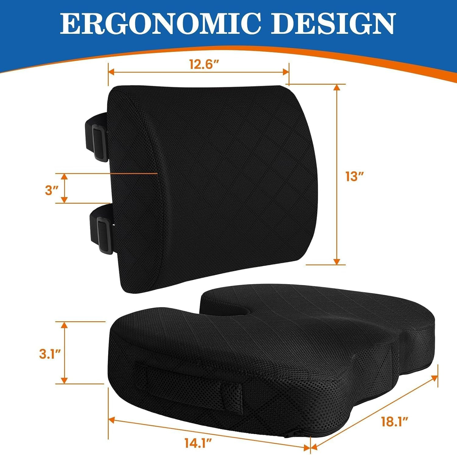Memory Foam Seat Cushion Lumbar Back Support Office Car Wheelchair Travel Black