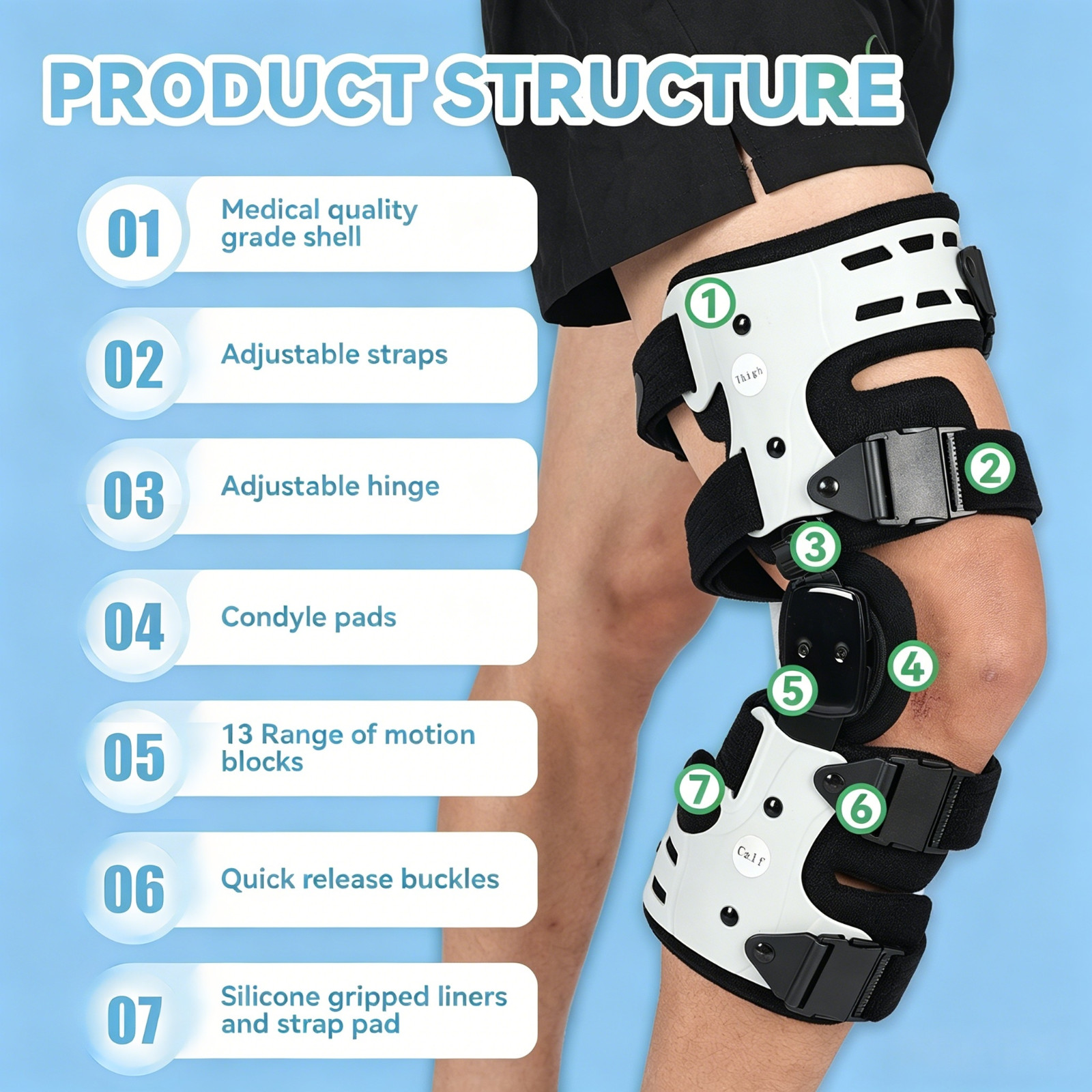 Osteoarthritis unloading brace, adjustable for decompression up and down stairs