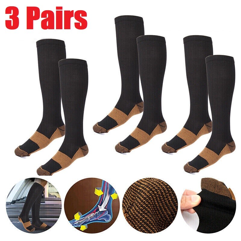 3 Pairs Copper Compression Socks 20-30mmHg Graduated Support Mens Womens S-XXL