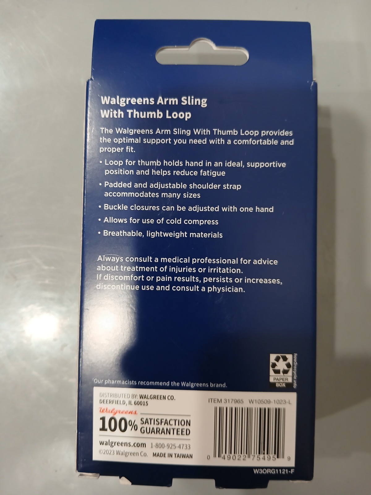 Arm Sling w/ Thumb Loop 1 Size Left or Right Shoulder, Antimicrobial, Walgreens