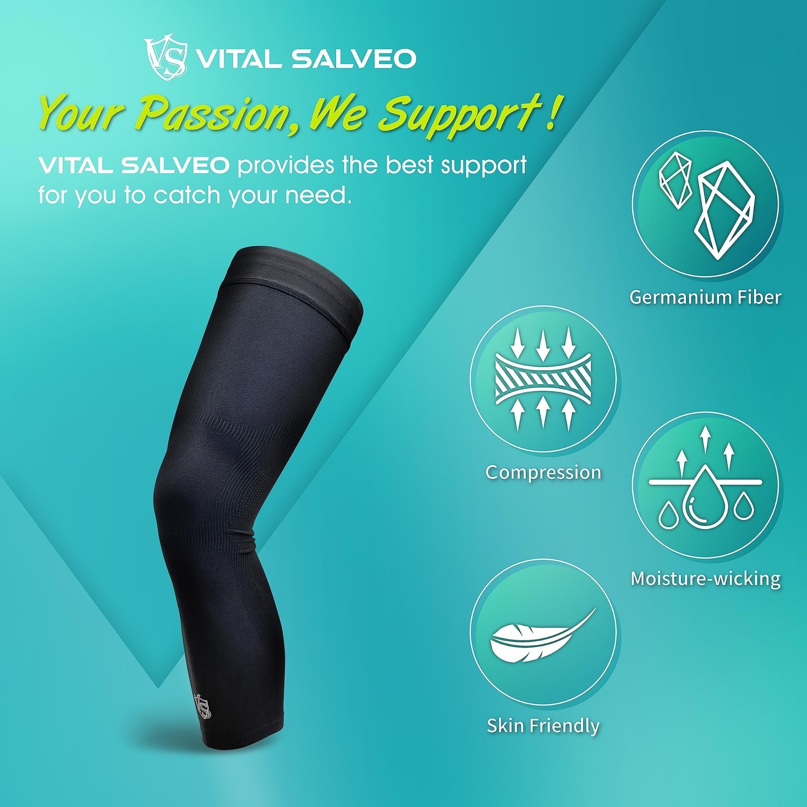 NEW Vital Salveo-Germanium Recovery Compression Sports Full Leg Sleeve SMALL