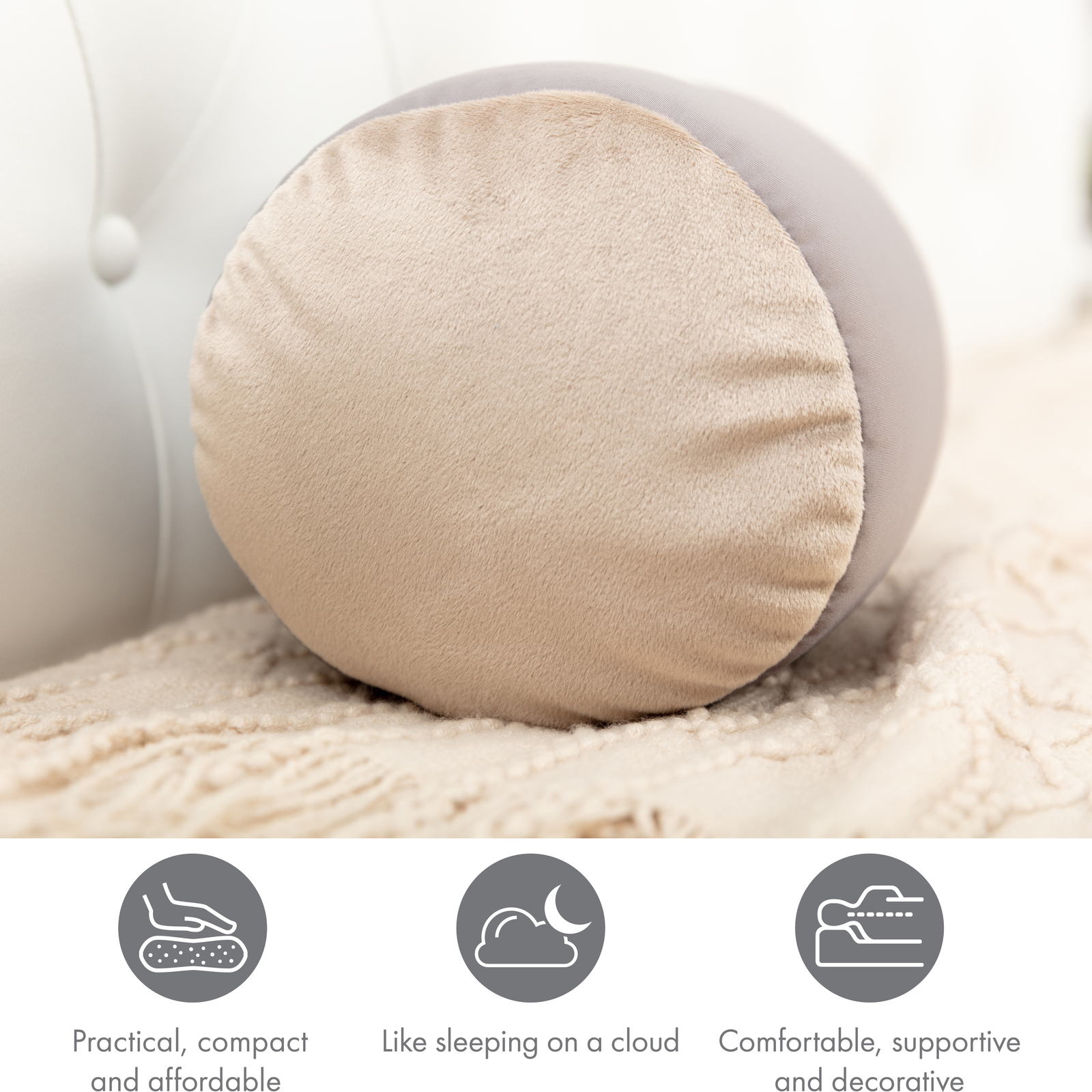 Microbead Bolster Neck Roll Pillow – Silky Feel, 14″ x 8″, Stone Grey