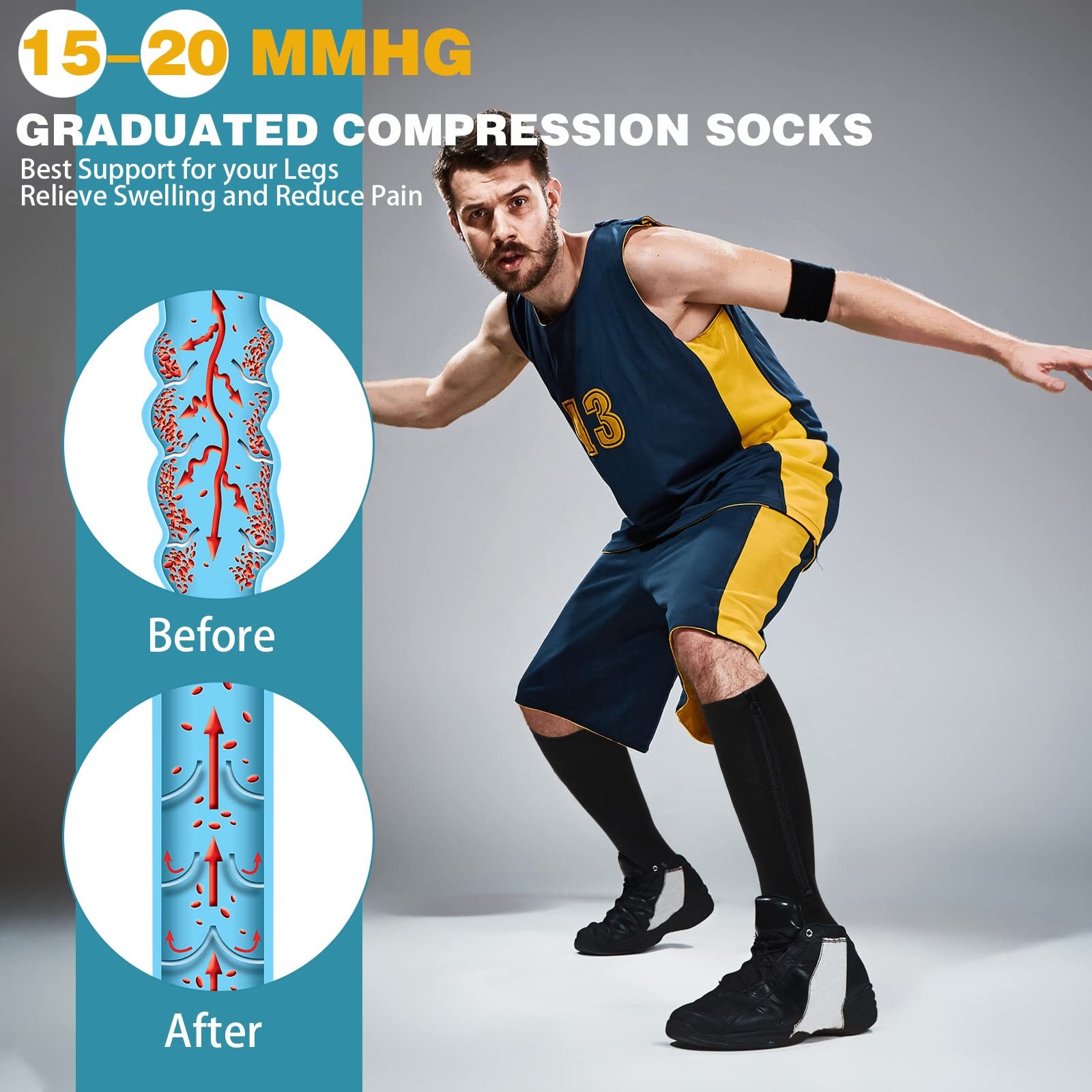 Plus Size Zipper Compression Socks Wide Calf 15-25 mmHg for Men Women 2 Pair