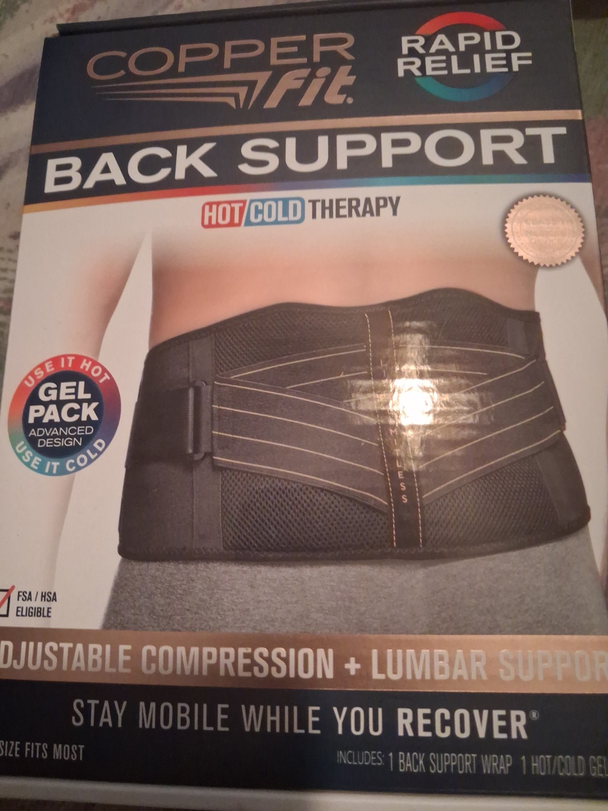 Copper Fit Rapid Relief Back Support 3-in-1 Adjustable Hot/Cold Therapy One Size